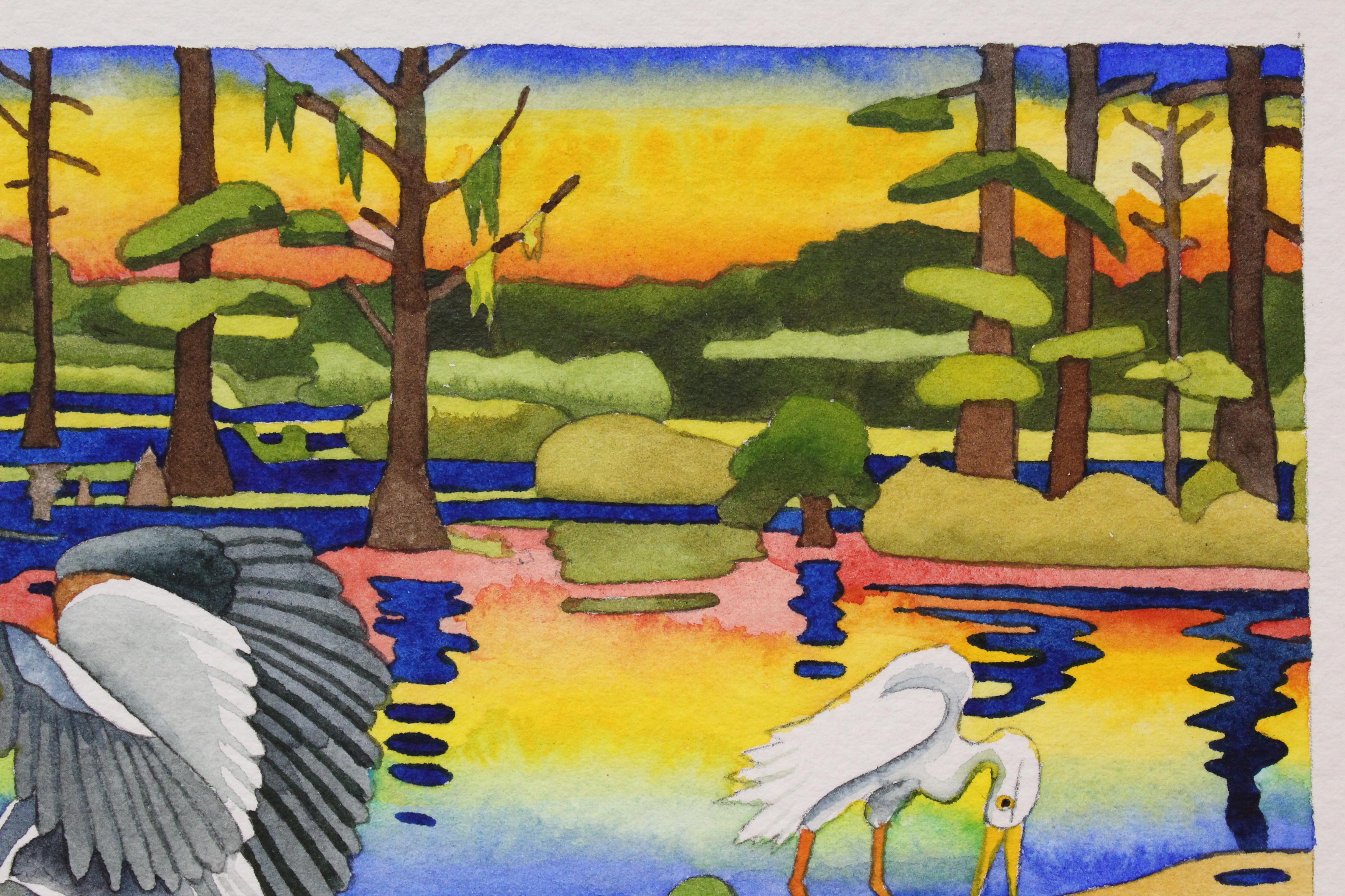 Great Blue Heron Fishing, Evening, Caddo Lake 1