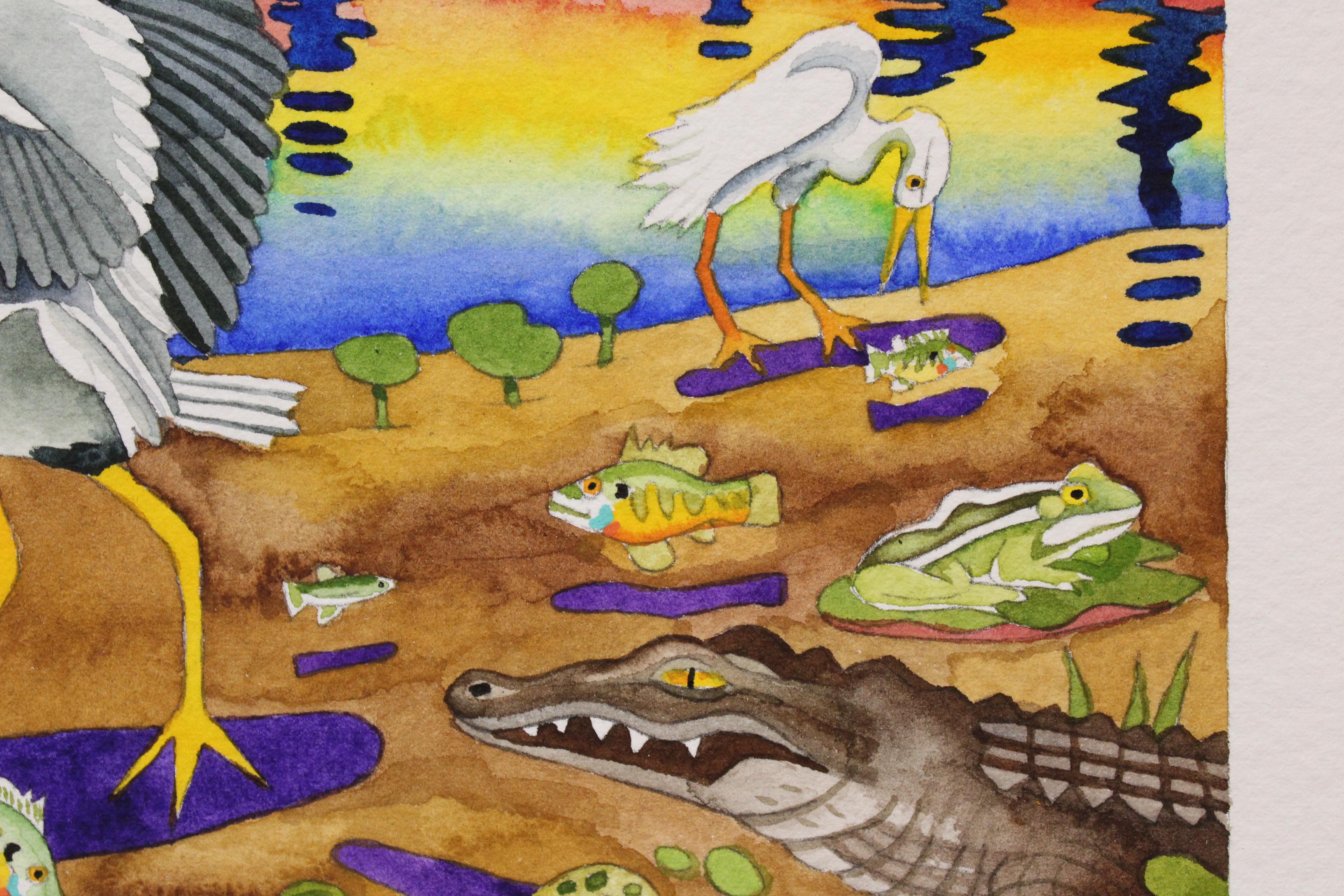 Great Blue Heron Fishing, Evening, Caddo Lake - Brown Landscape Art by Billy Hassell