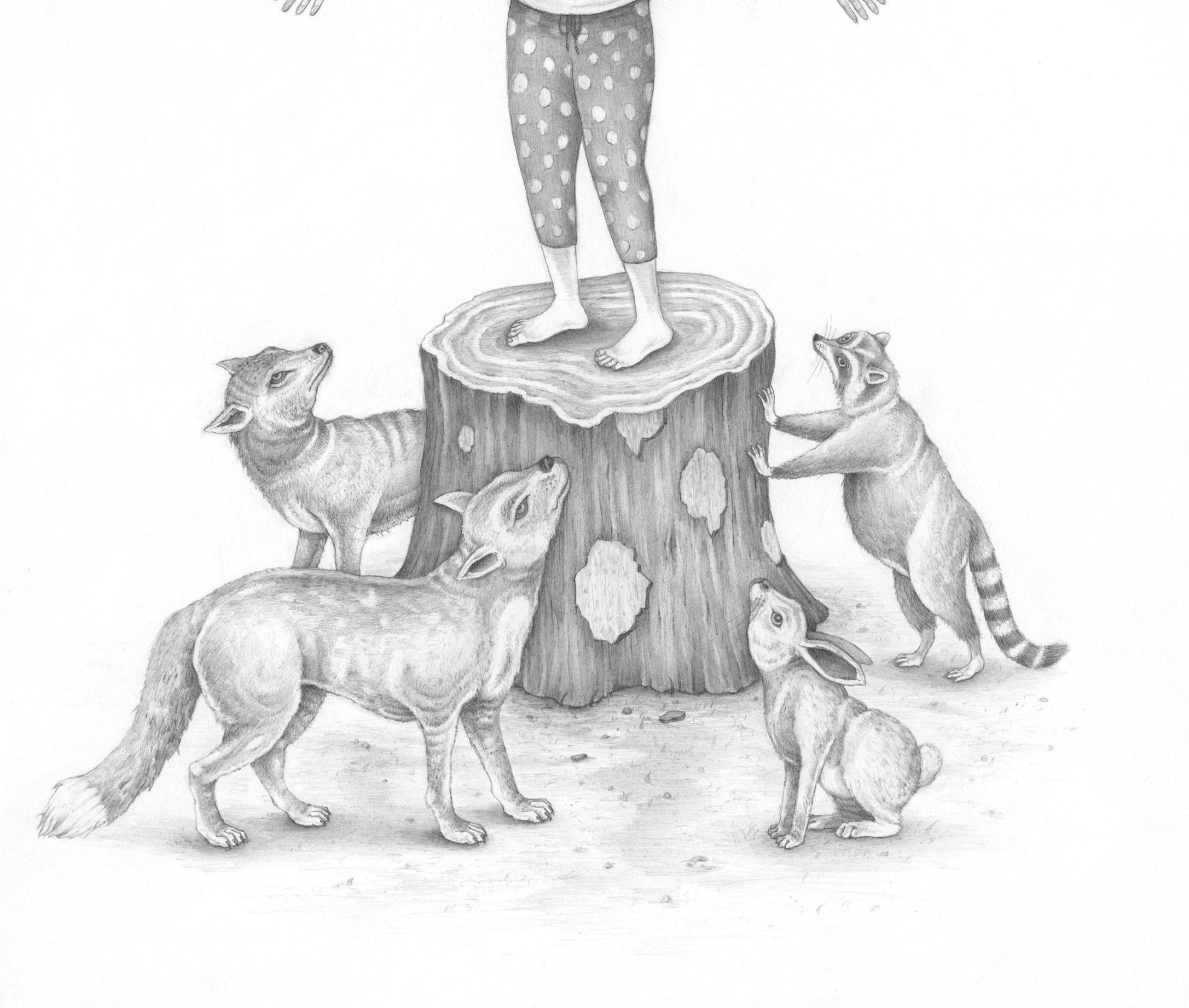 Tales from the Woods is a collection of drawings and prints by Mark Hosford that explore humans interacting with nature and their unique relationships to nature. Mark Hosford holds a BFA in Studio Arts from the University of Kansas and a MFA from
