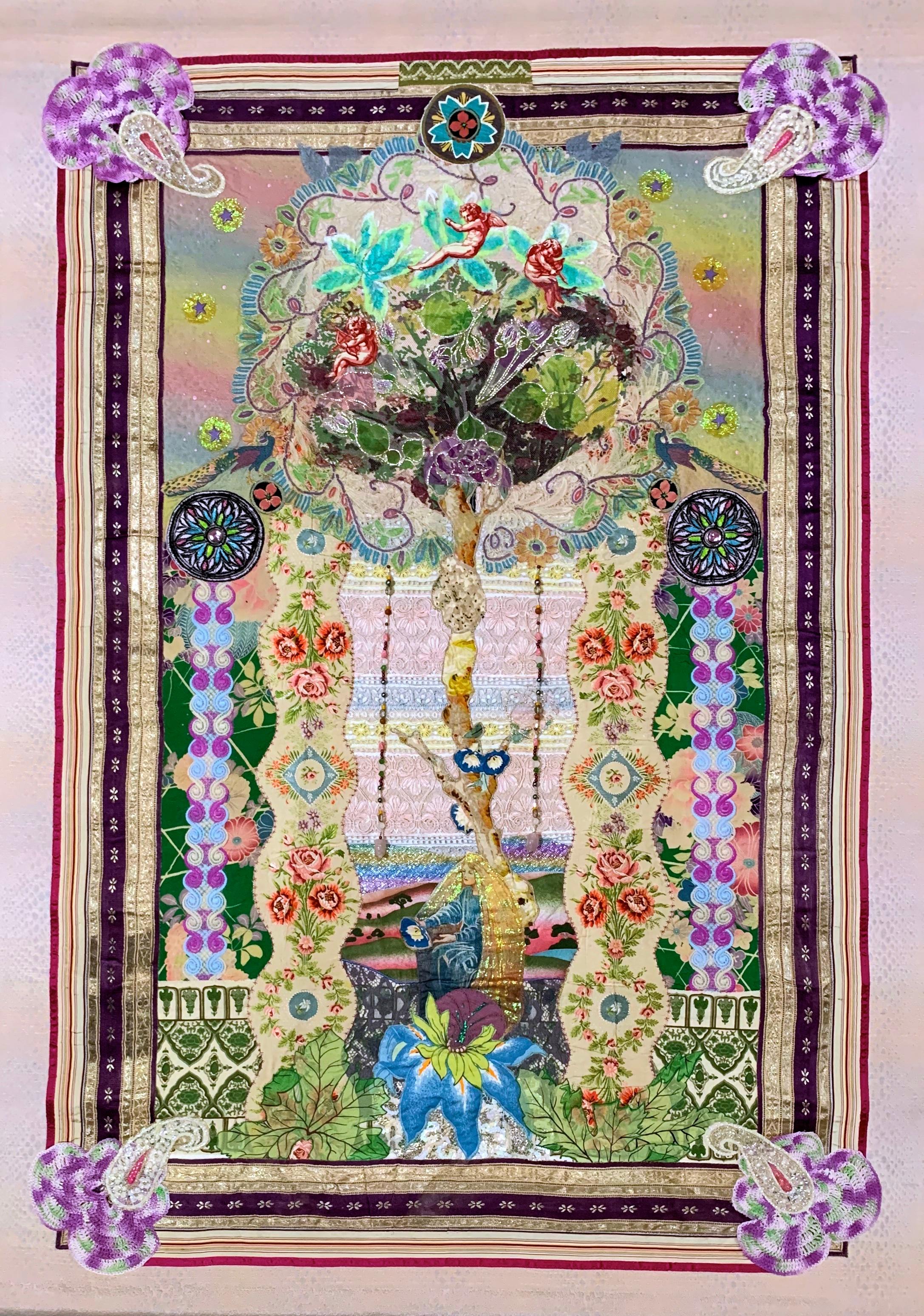 This gorgeous, vertical embellished tapestry measures 59 inches tall and 42 inches wide. It is a collage of hand painted and dyed fabrics, vintage textiles, trimmings, and antique bead embellishments. This textural tapestry comes with two wooden