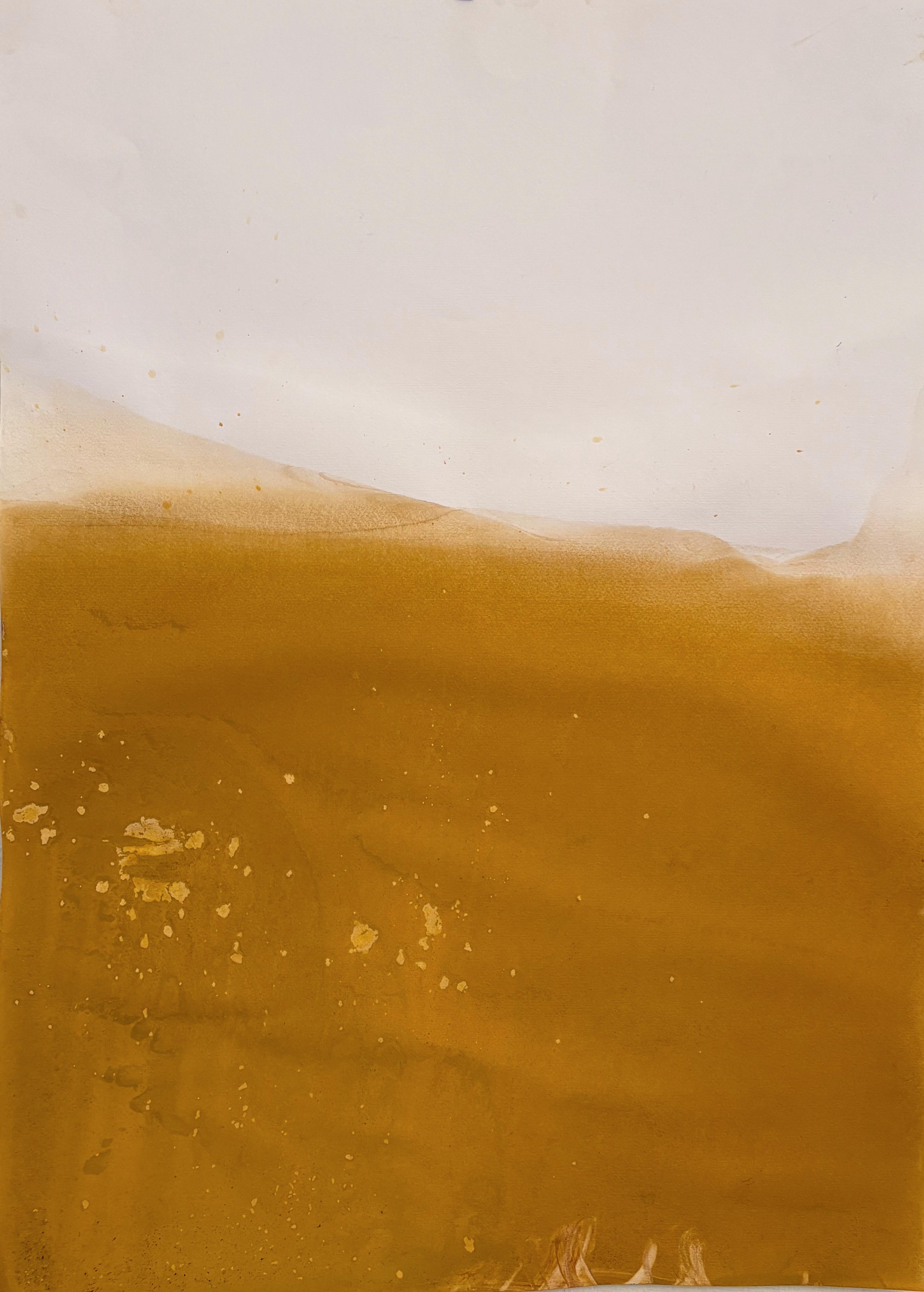 Paesaggio giallo, Disegno originale a pigmento su carta, unico nel suo genere Grandi dimensioni - Landscape Art Beige di Marilina Marchica