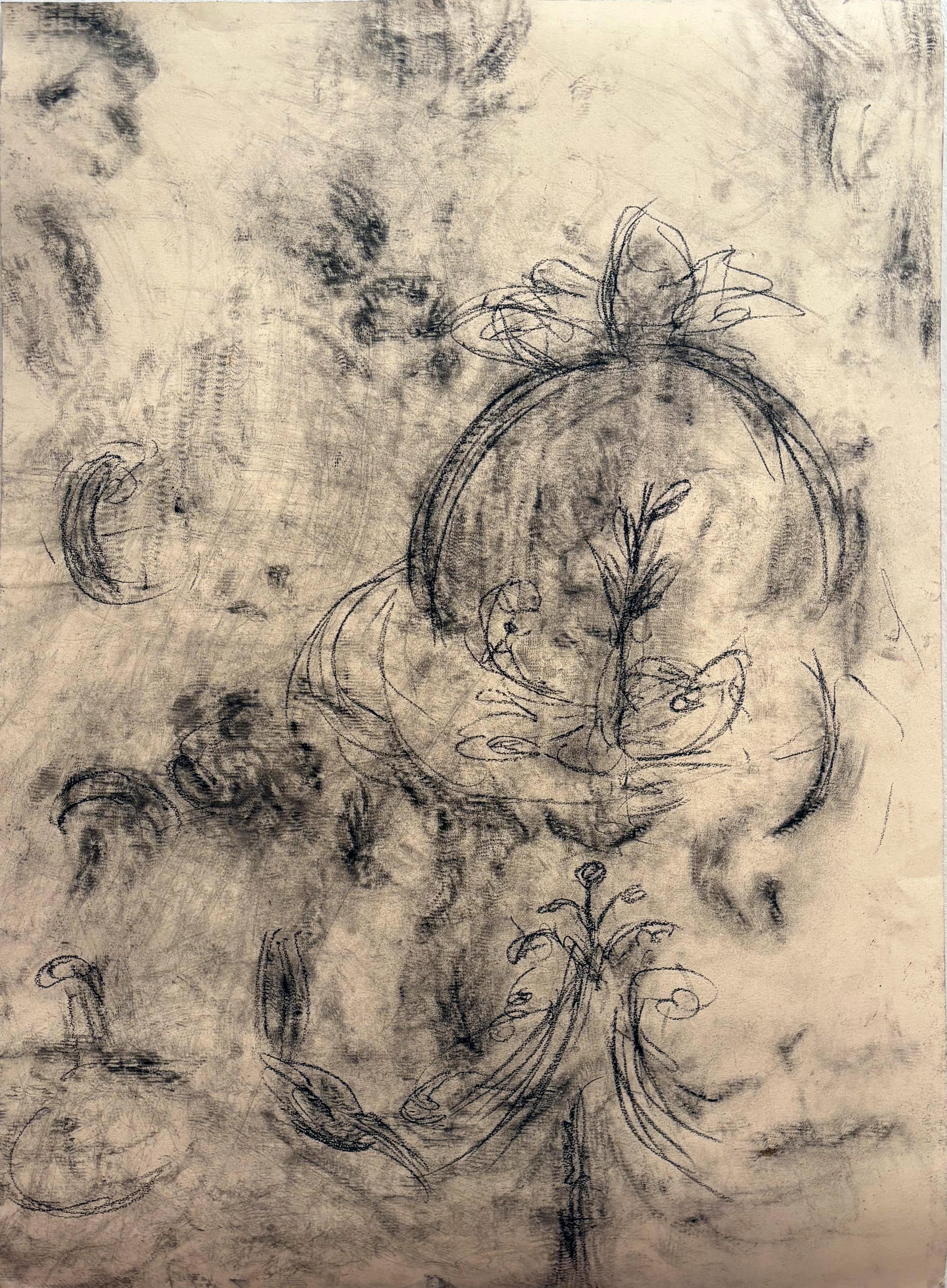 Abstract Vintage Décor Fragment - Charcoal large Drawing on Paper made in italy