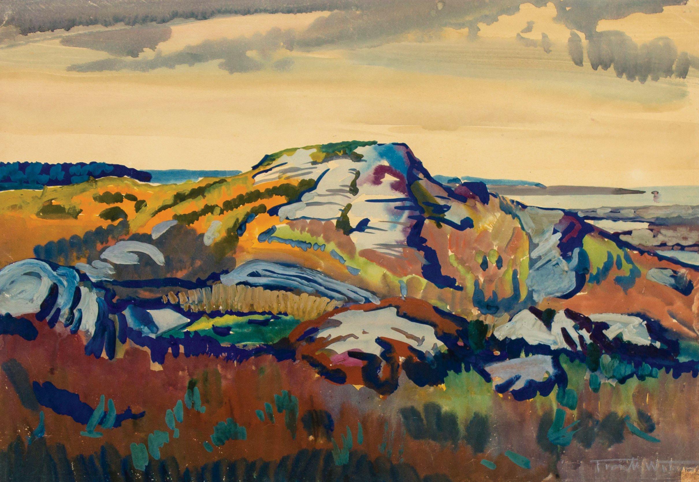 Landscape Painting de Frank Wilcox - Vista hacia Christmas Cove, Maine, paisaje de la costa este de principios del siglo XX
