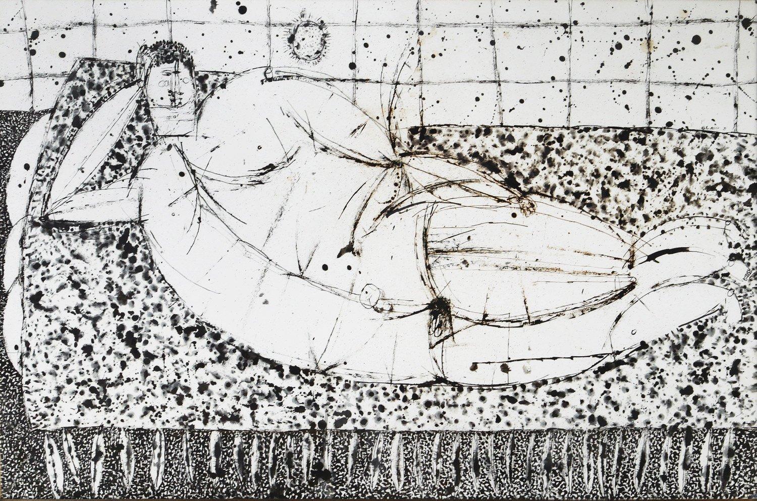 Figure masculine nue couchée, dessin à l'encre figuratif d'un artiste expressionniste new-yorkais