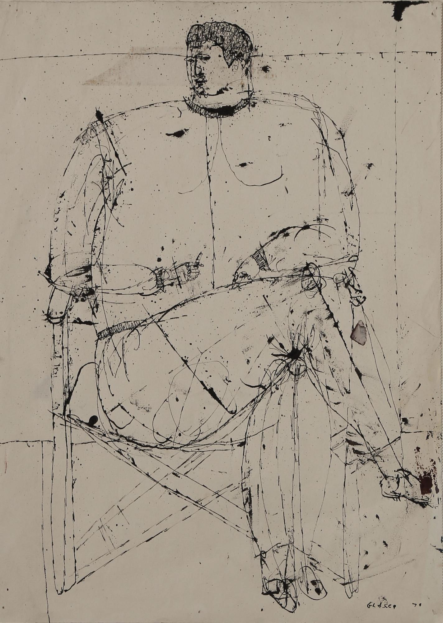 Joseph Glasco Abstract Drawing - Seated Figure, 20th century figural abstract expressionist ink drawing