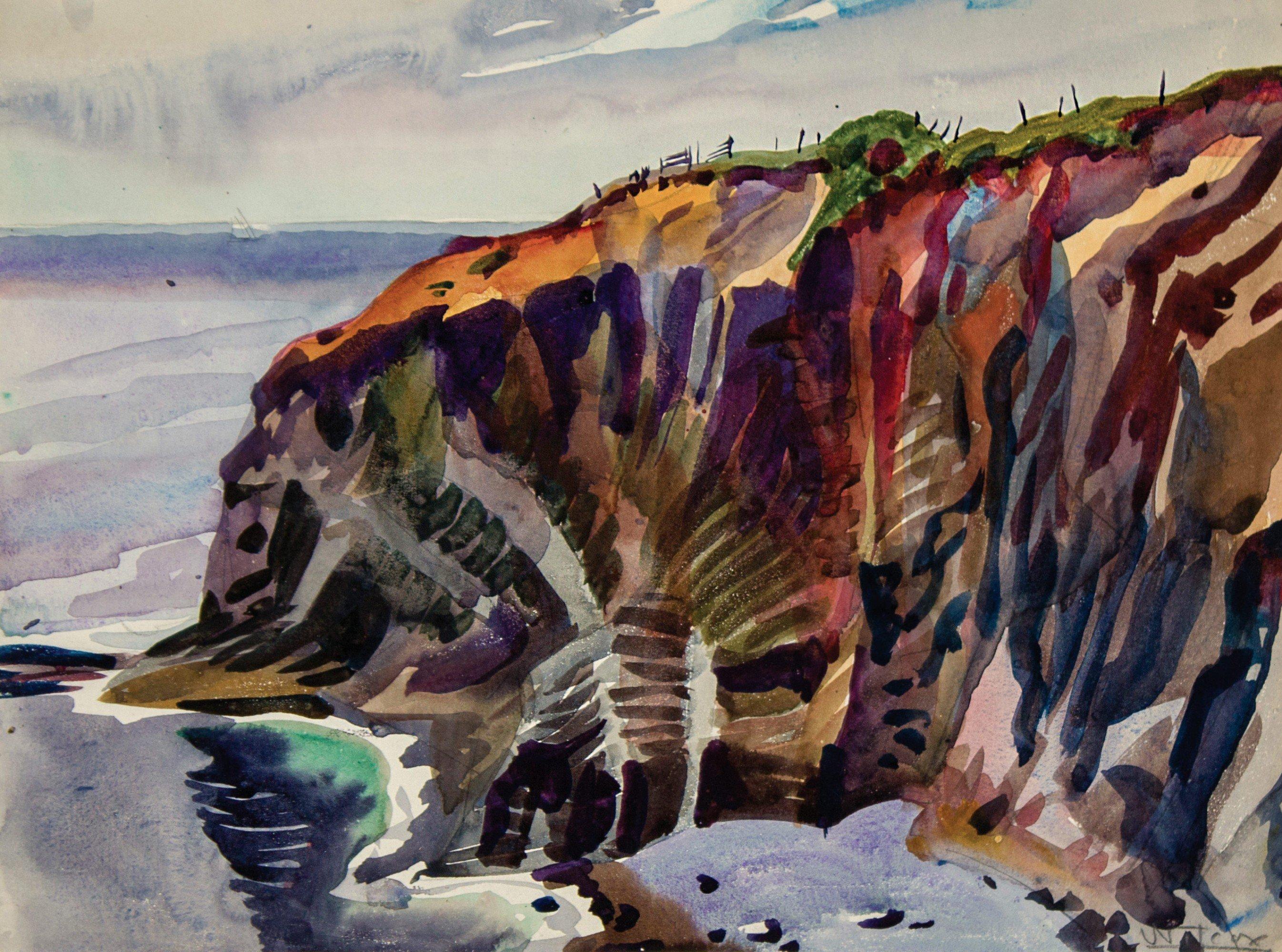 Cliffs in der Nähe von Param, Frankreich, Aquarell mit leuchtenden Meereslandschaften und Landschaften