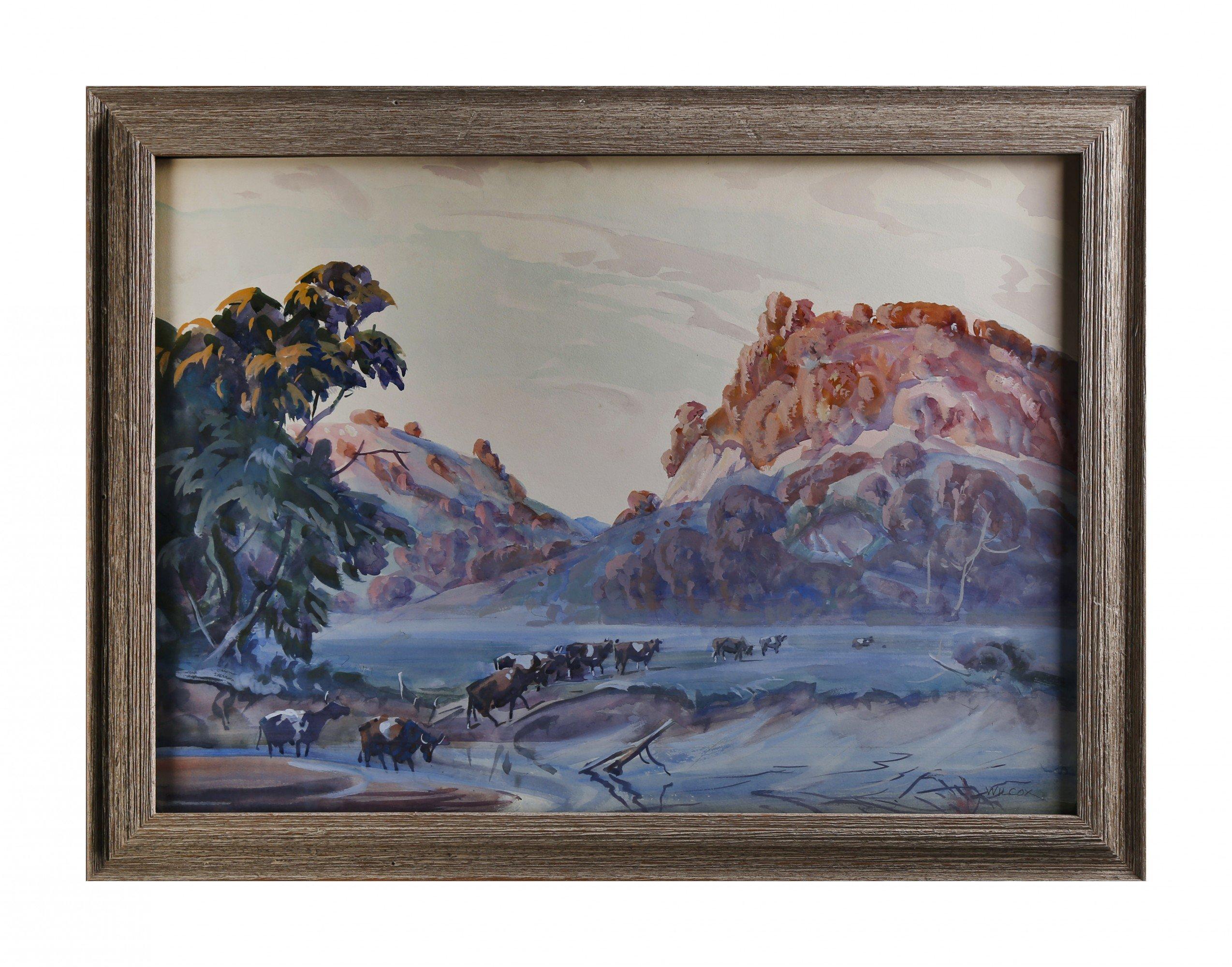 Landscape Painting Frank Wilcox - Aquarelle moderne américaine du 20e siècle Frosty Dawn, nord de l'État de New York