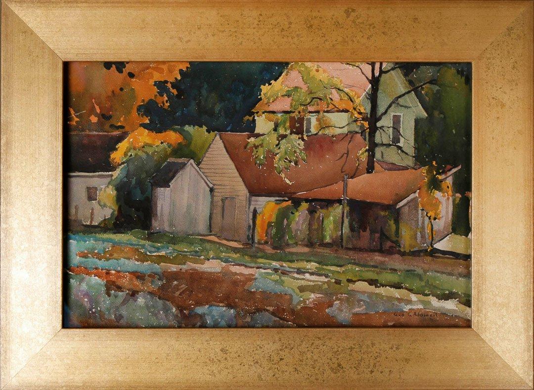 Farm House, colorful 20th century American scene watercolor