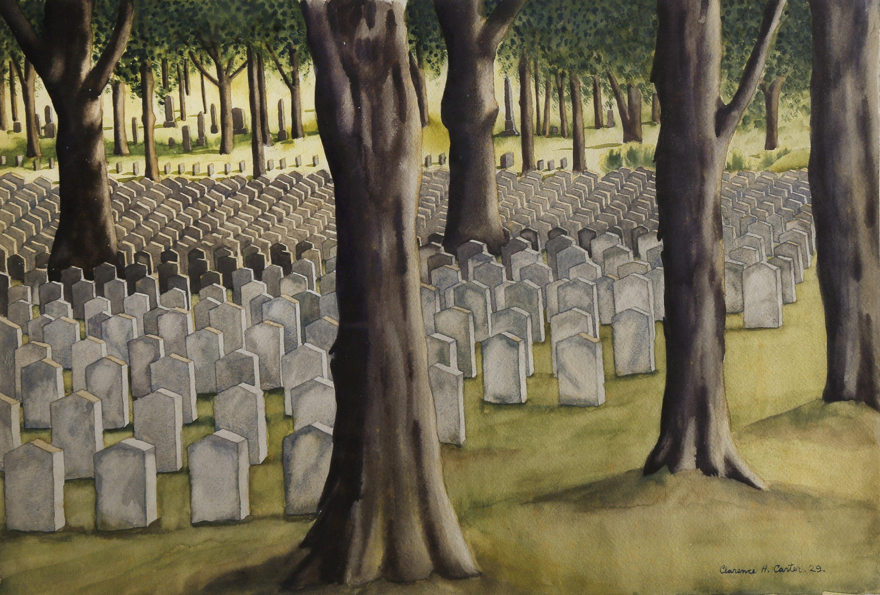 Clarence Holbrook Carter Figurative Painting – Konfderierte Soldaten'' Friedhof, Camp Chase, Columbus, Ohio, Aquarell