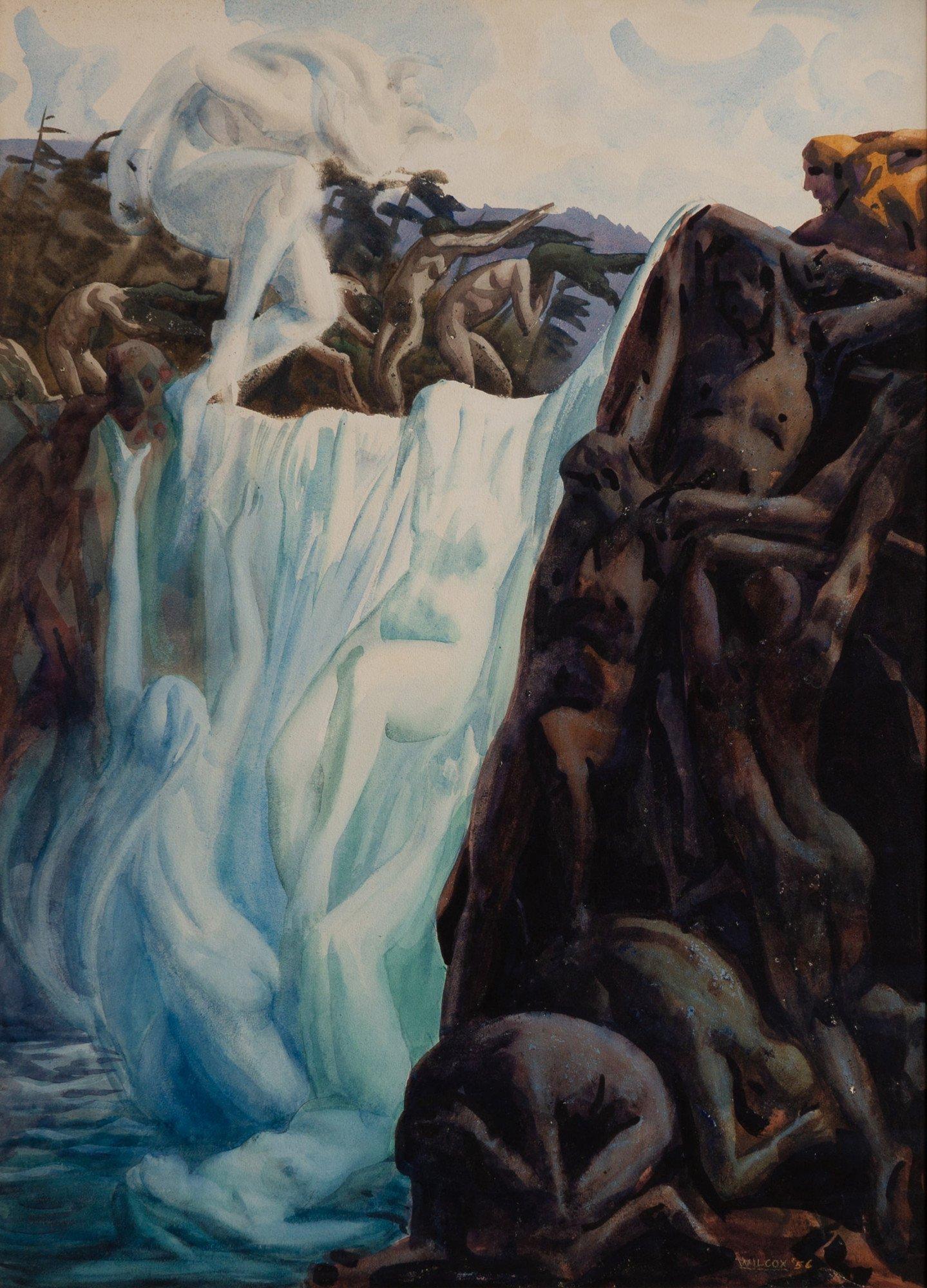 The Waterfall, paysage à l'aquarelle du milieu du siècle, Cleveland School Artist