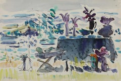 Retro Picnic, 20th Century Watercolor Table Outdoor Still Life, Cleveland Artist