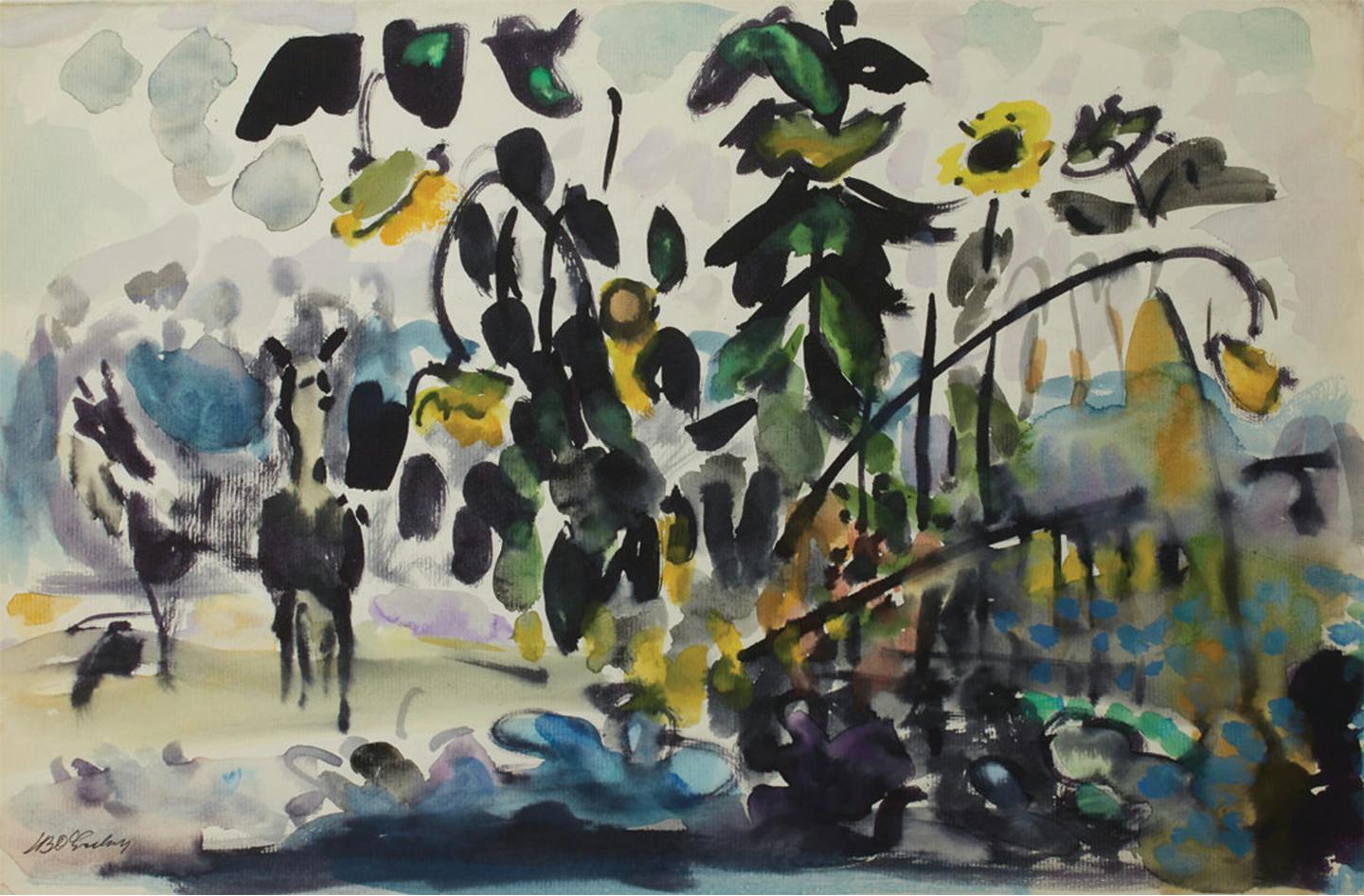 Sunflowers and Horses in Field, 20th Century Landscape Watercolor