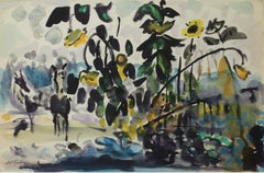Sunflowers and Horses in Field, 20th Century Landscape Watercolor