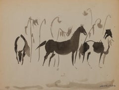 Vintage Three Horses Among Sunflowers, 20th century watercolor by Cleveland artist