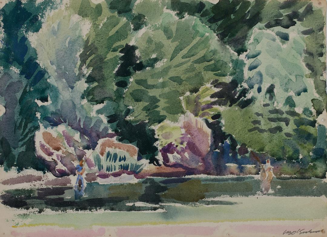 Joseph O'Sickey Landscape Art – Sommerbäume, Landschafts-Aquarellgemälde des 20. Jahrhunderts des Künstlers aus Cleveland