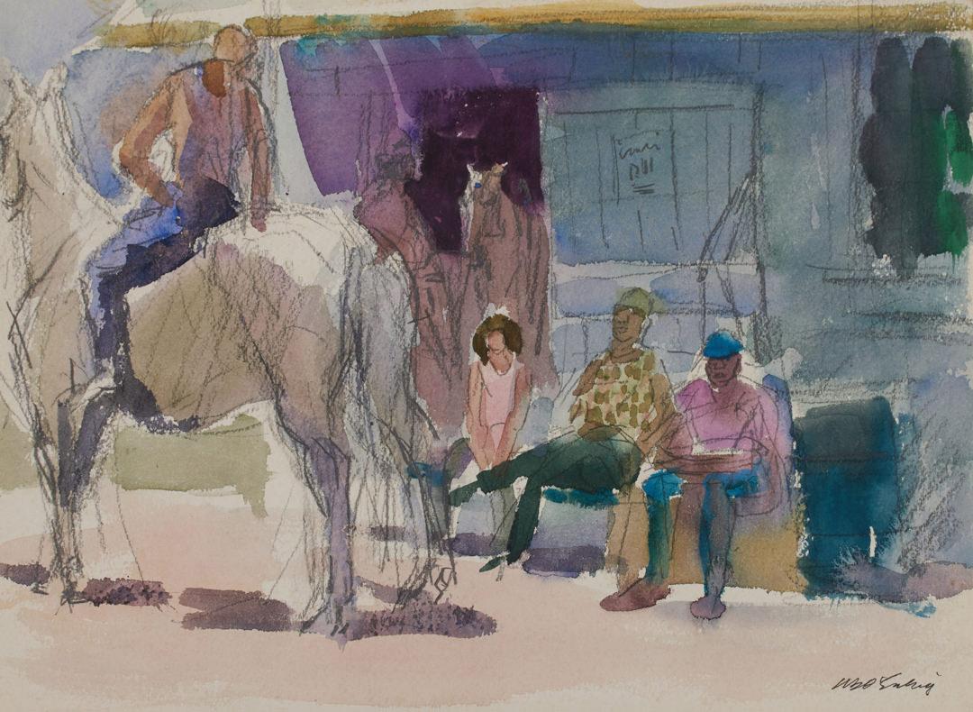 Joseph O'Sickey Animal Art - Stable Scene, 20th century horse and barn watercolor by Cleveland School artist