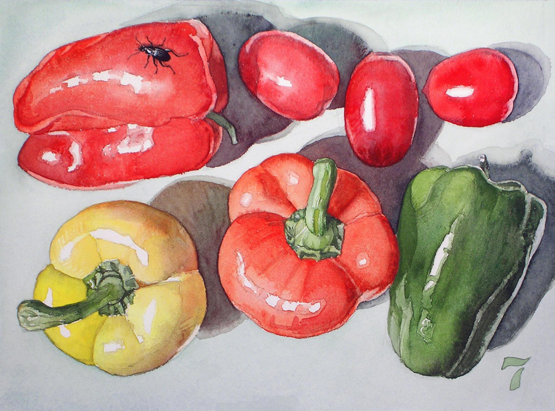 Gemüsestillleben Nr. 7, Contemporary Aquarell von Ohio trompe l'oeil Künstler