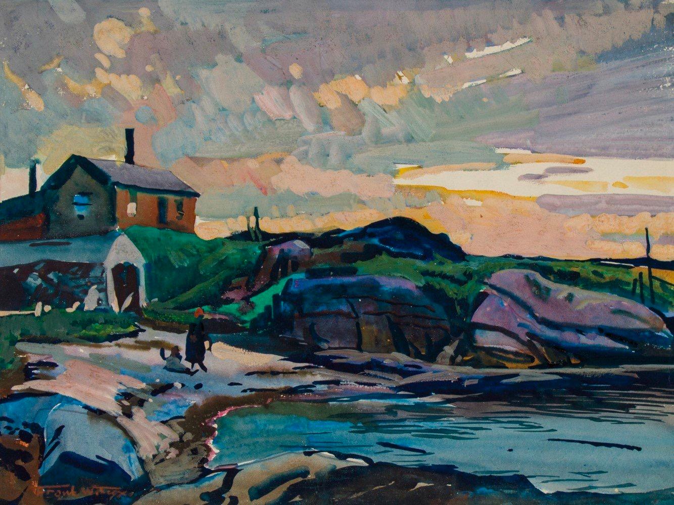 Figurative Art Frank Wilcox - Fisherman's Island, Boothbay, Maine, aquarelle de paysage du début du 20e siècle