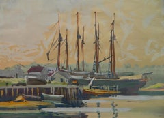 Antique Schooner, Boothbay Harbor, Maine, Early 20th Century Seascape Watercolor