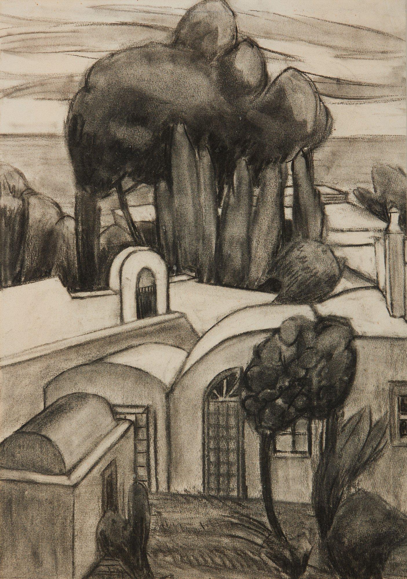 Clara Deike Landscape Art – Villa Giardino, Holzkohlezeichnung der Cleveland School, weibliche Künstlerin des 20. Jahrhunderts