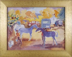 Préparations d'expositions de chevaux, paysage de ferme du 20e siècle, artiste féminine de Cleveland