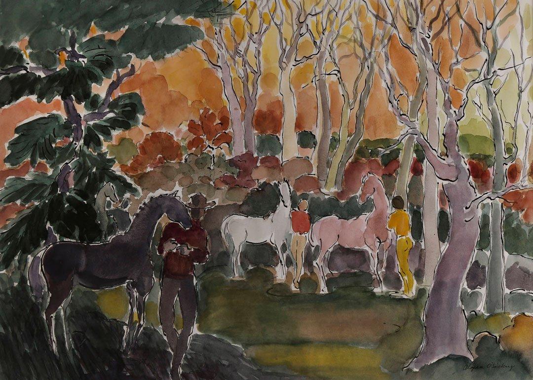 Algesa O'Sickey Animal Art – Pferde und Bäume, Landschaftsssszene des 20. Jahrhunderts, Künstlerin der Cleveland School