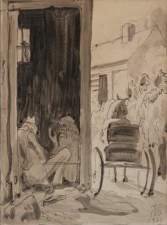 Village Scene, early 20th century drawing on paper, Cleveland School Artist