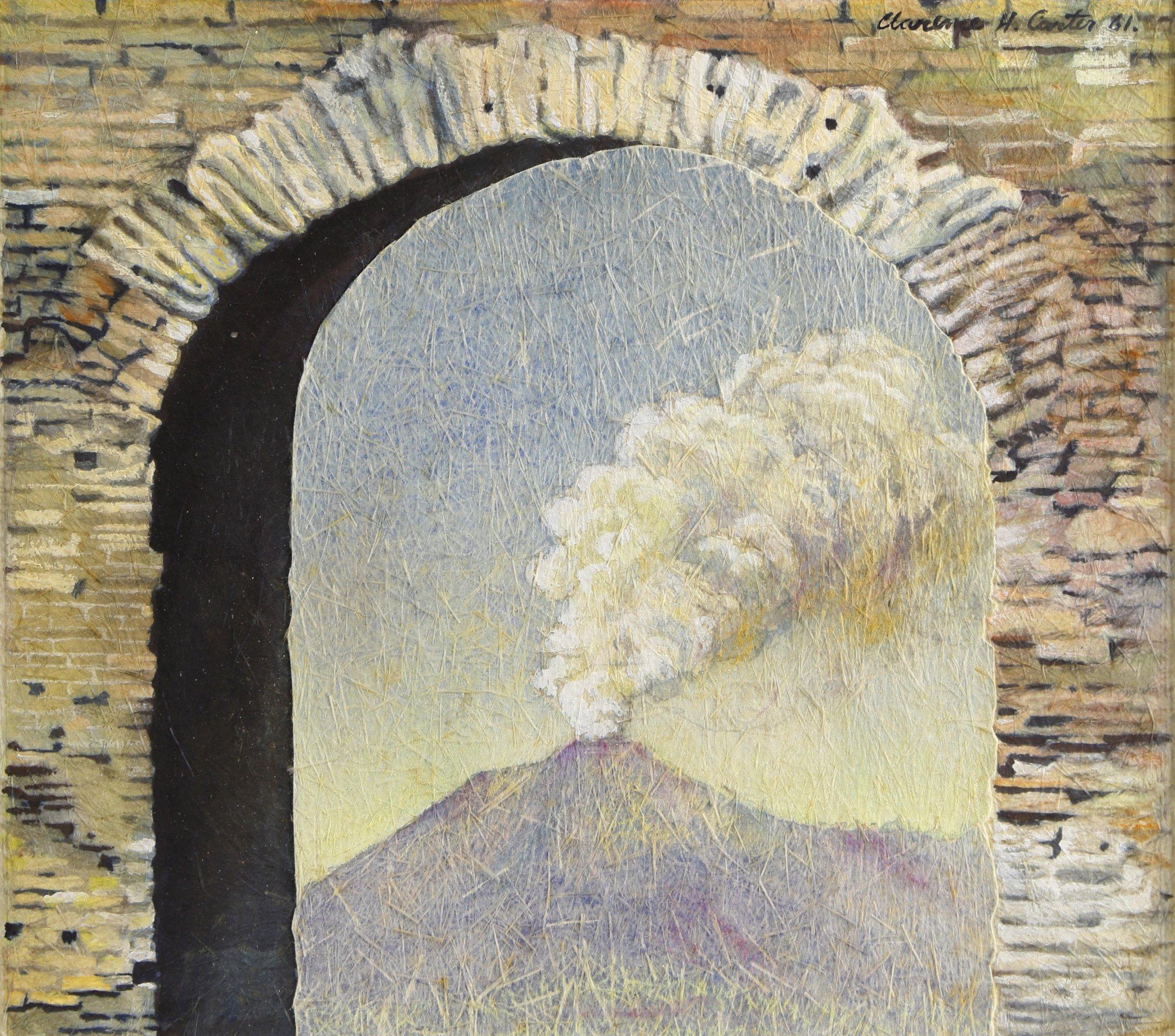 Landscape Art Clarence Holbrook Carter - Volcano and Arch, Taormina, Sicile, Italie, artiste de l'école de Cleveland du milieu du siècle dernier