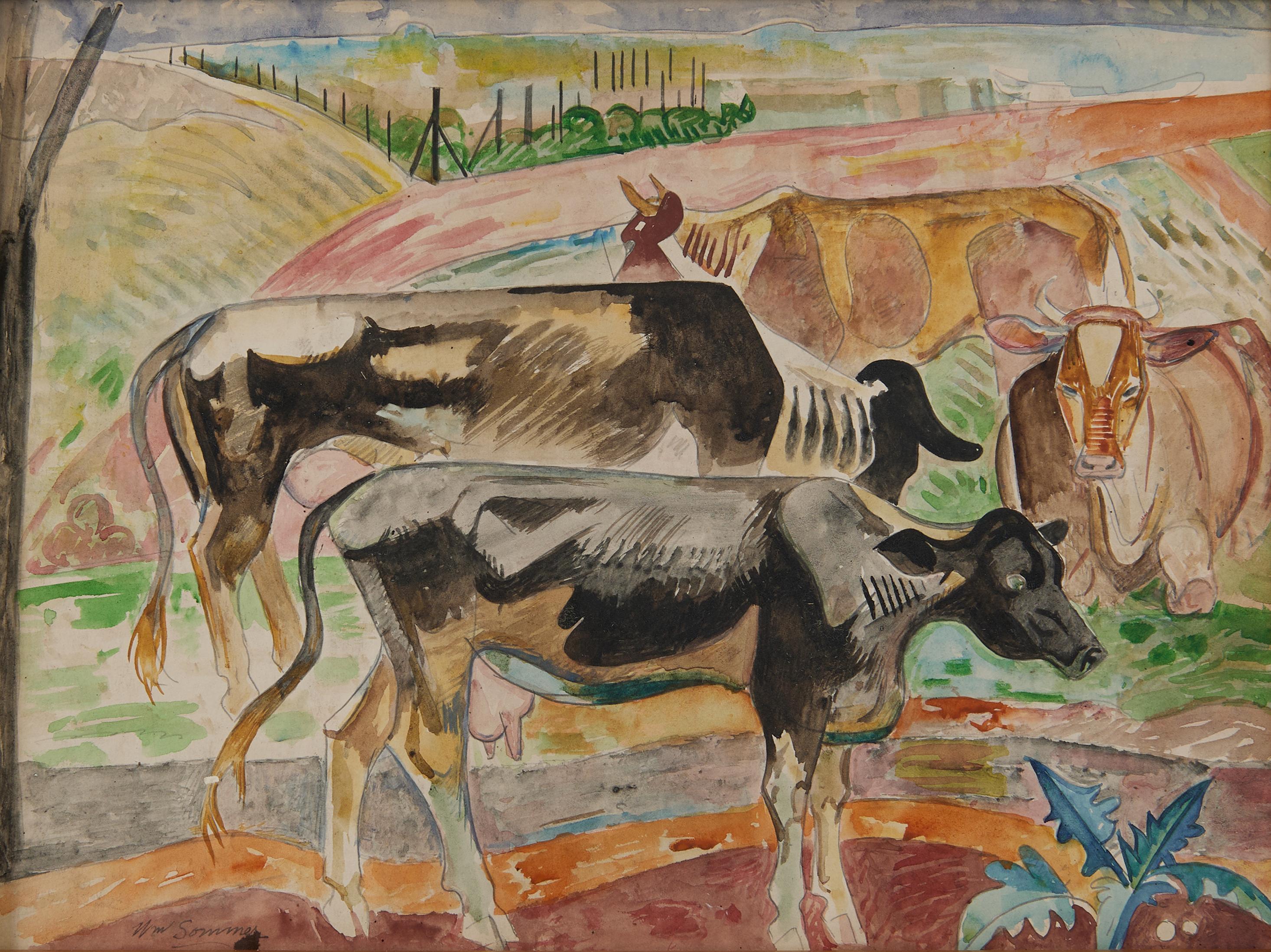 Kühe auf einem Feld, amerikanische modernistische Landschaftsaquarelle des frühen 20. Jahrhunderts