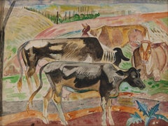 Antique Cows in a Field, Early 20th Century American Modernist Landscape Watercolor