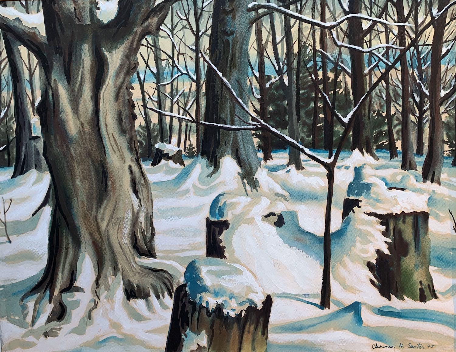 Landscape Art de Clarence Holbrook Carter - Nieve en el bosque, Paisaje invernal de mediados de siglo, Artista de la Escuela de Cleveland