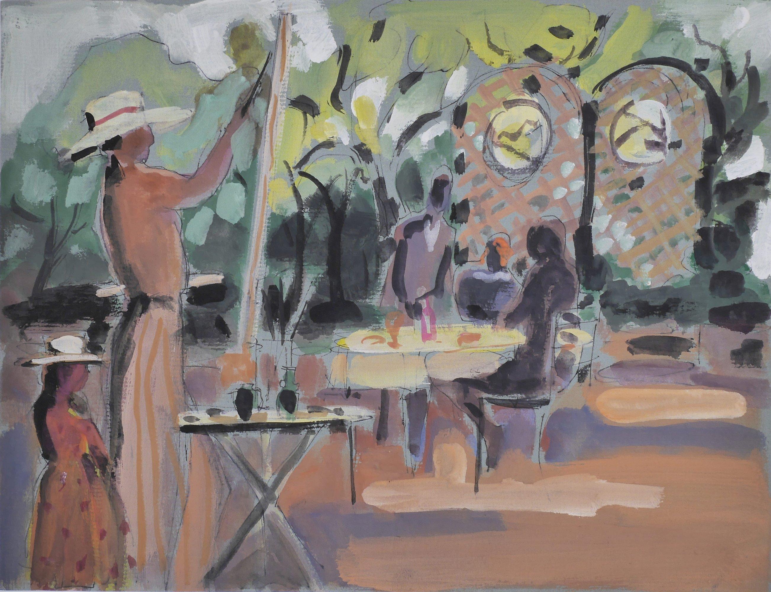 Landscape Art de Algesa O'Sickey - Pintura de escena de jardín al aire libre de mujer, finales del s. XX Artista femenina de Cleveland