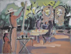 Pittura con scena di giardino all'aperto di donna, fine del 20° secolo, artista femminile di Cleveland