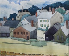 Paesaggio della città costiera del New England con case, Artista donna della scuola di Cleveland