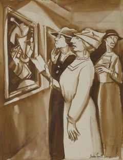 In the Art Gallery, Early 20th Century Watercolor, Women Viewing Painting