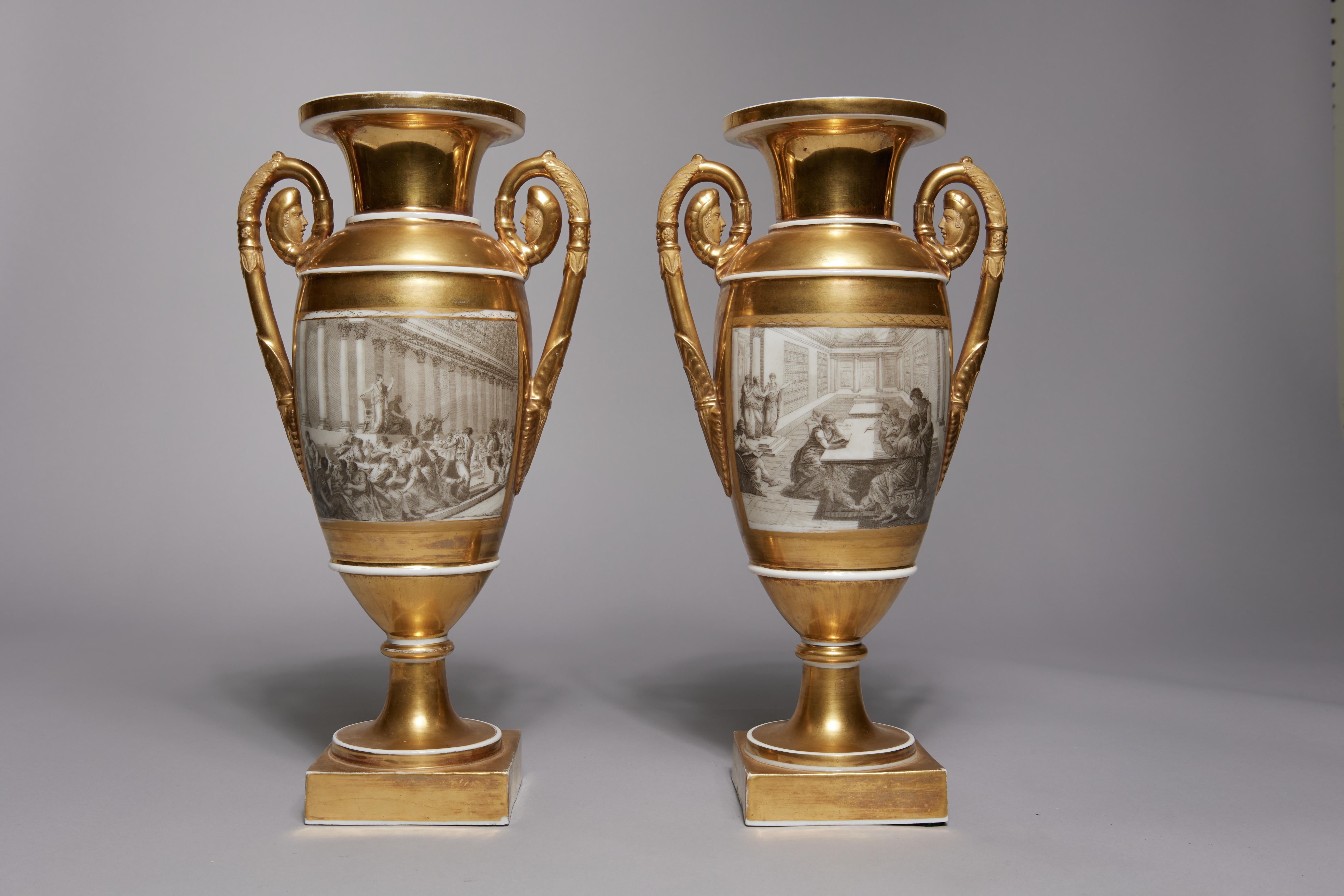 Pair of French Porcelain de Paris Gold Urns with Scenes of Roman History - Art by Unknown