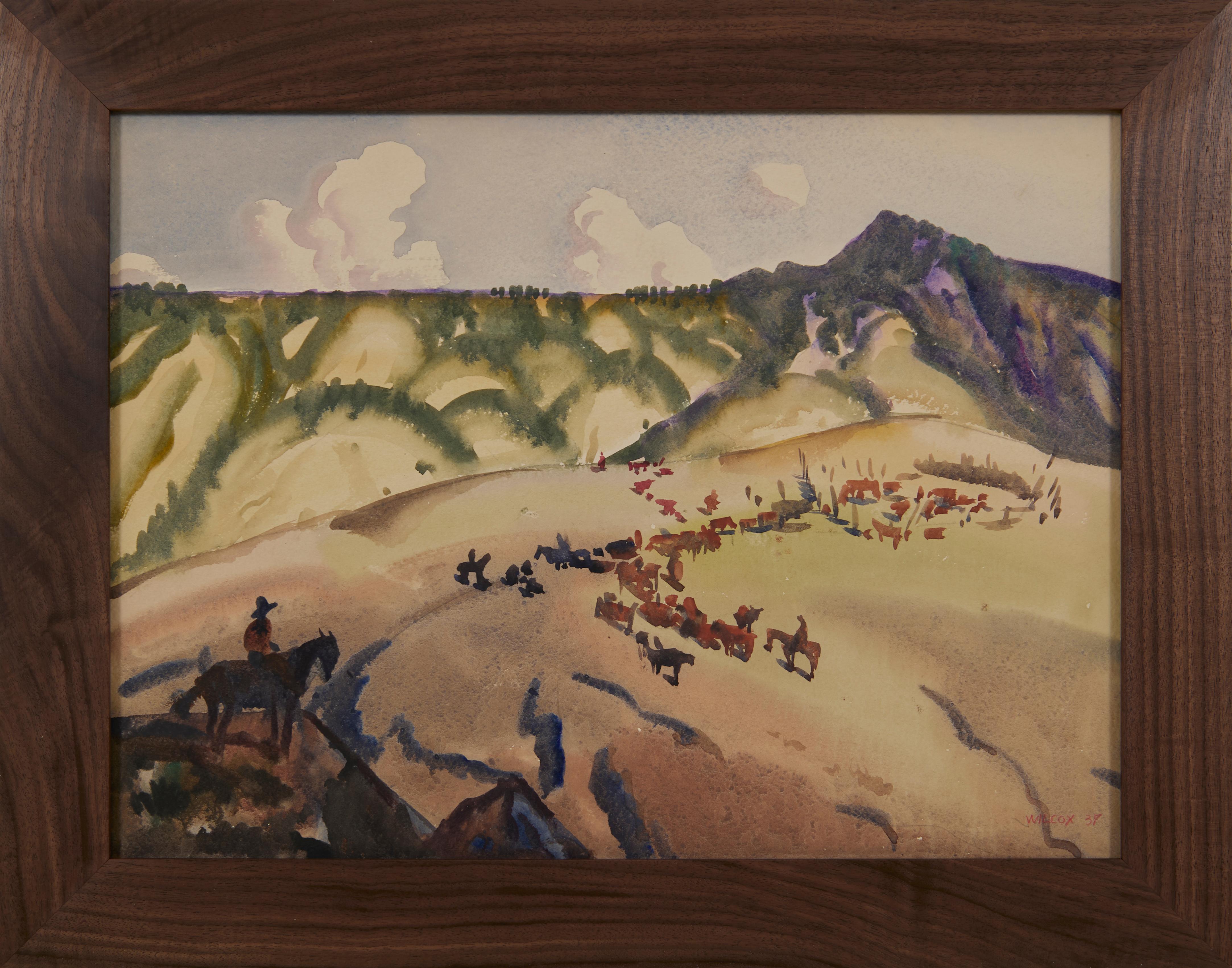 Frank Wilcox Figurative Art - High Pastures, Cattle Round Up, Wyoming, 20th Century Western Landscape