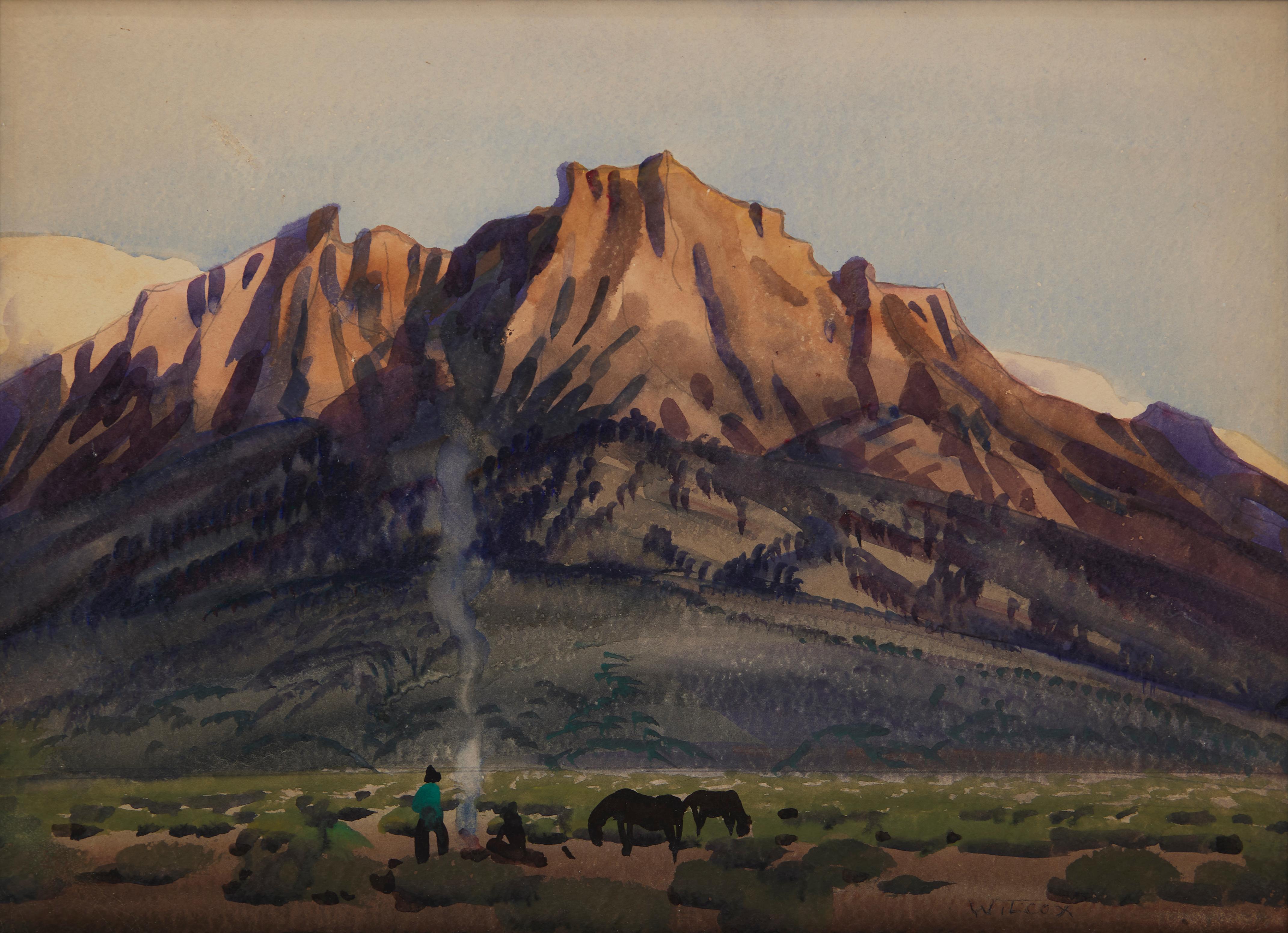 Tramonto fuori dallo Utah, paesaggio occidentale dei primi del Novecento con montagne e fuoco - Art di Frank Wilcox
