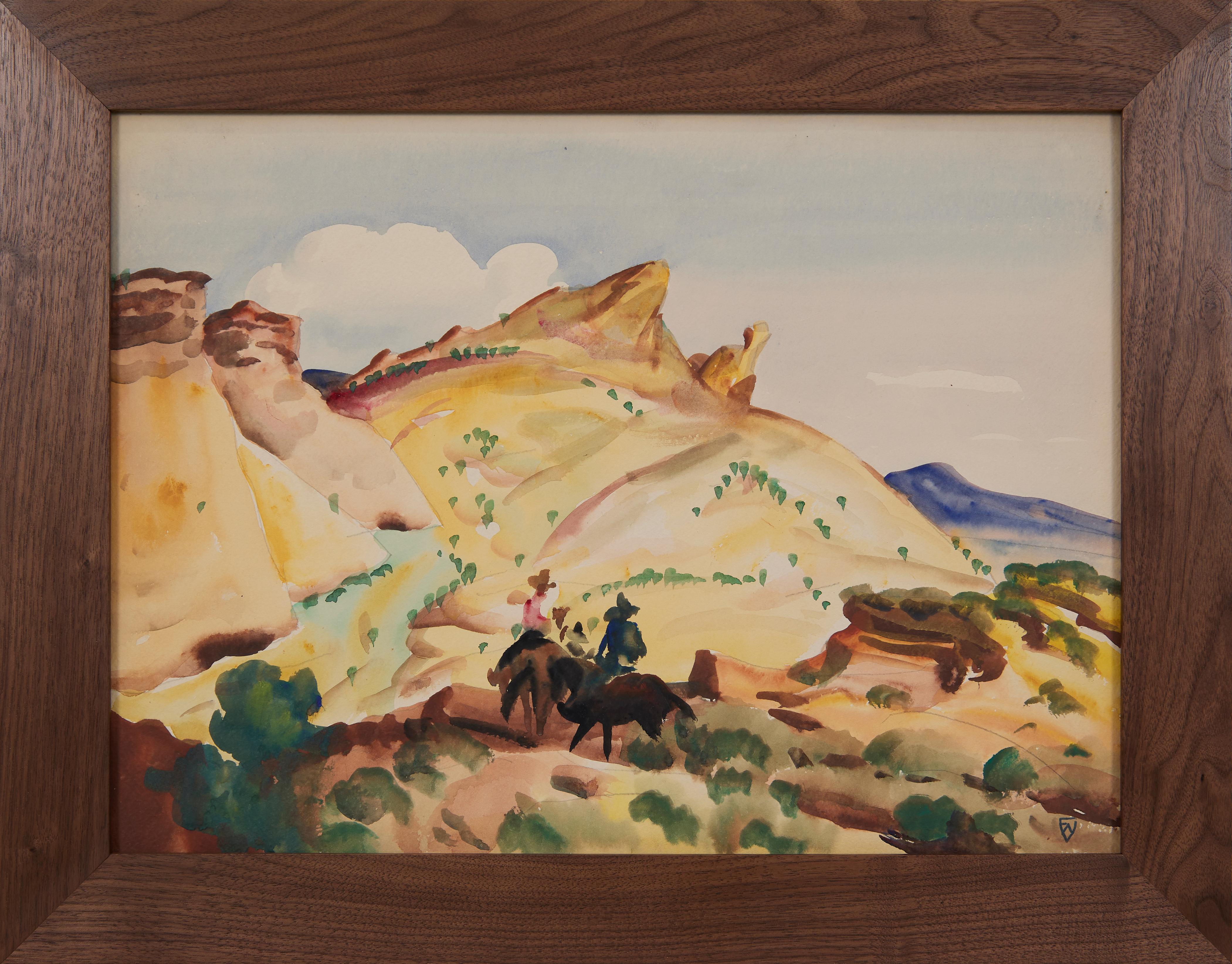 Frank Wilcox Figurative Art – Reiter in der Nähe des Camel Rock Monuments, Santa Fe, New Mexico Westliche Landschaft
