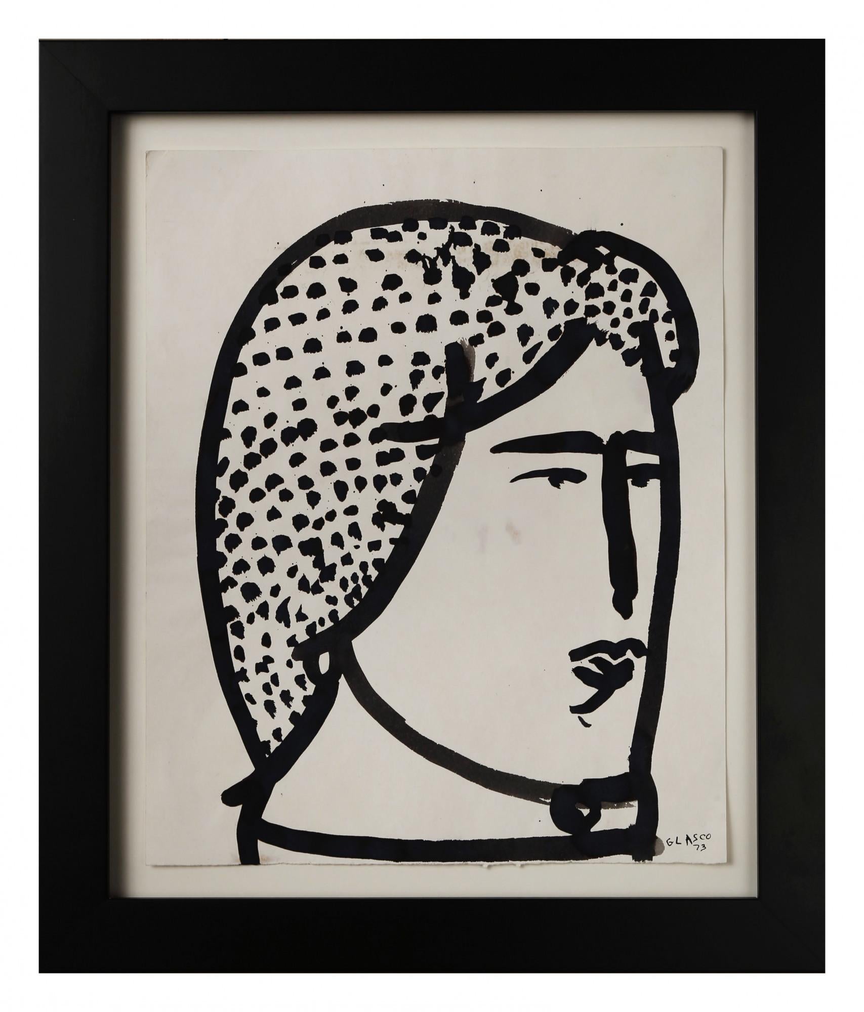 Joseph Glasco Portrait – 20. Jahrhundert Tuschezeichnung eines Frauenkopfes, Abstrakter Expressionist New Yorker Künstler