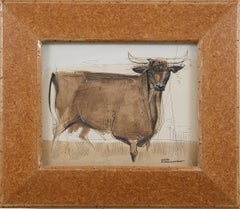 Bovine, 20th Century small watercolor of Bull