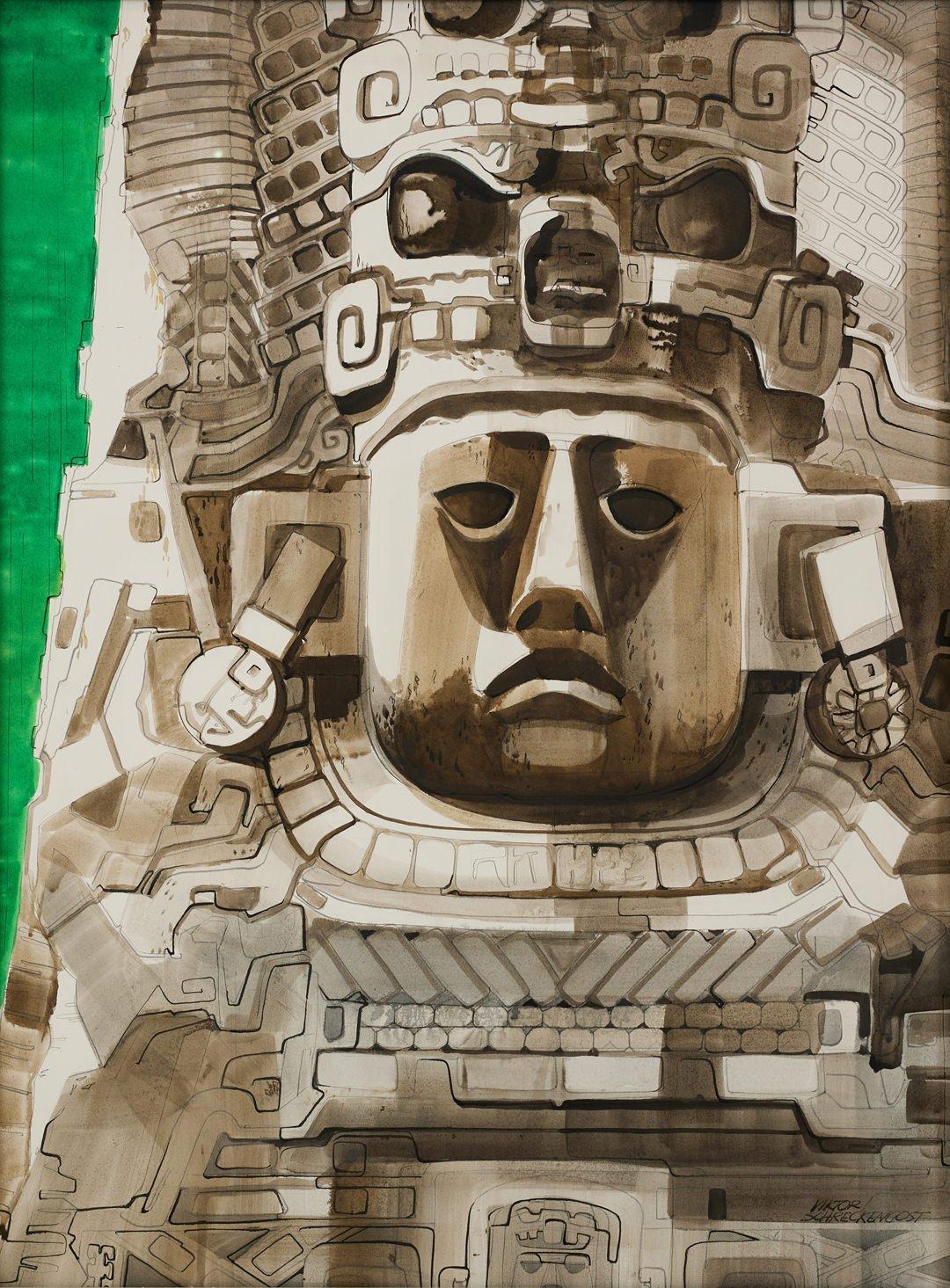 Mayan, Large 20th Century Watercolor, Viktor Schreckengost For Sale 1
