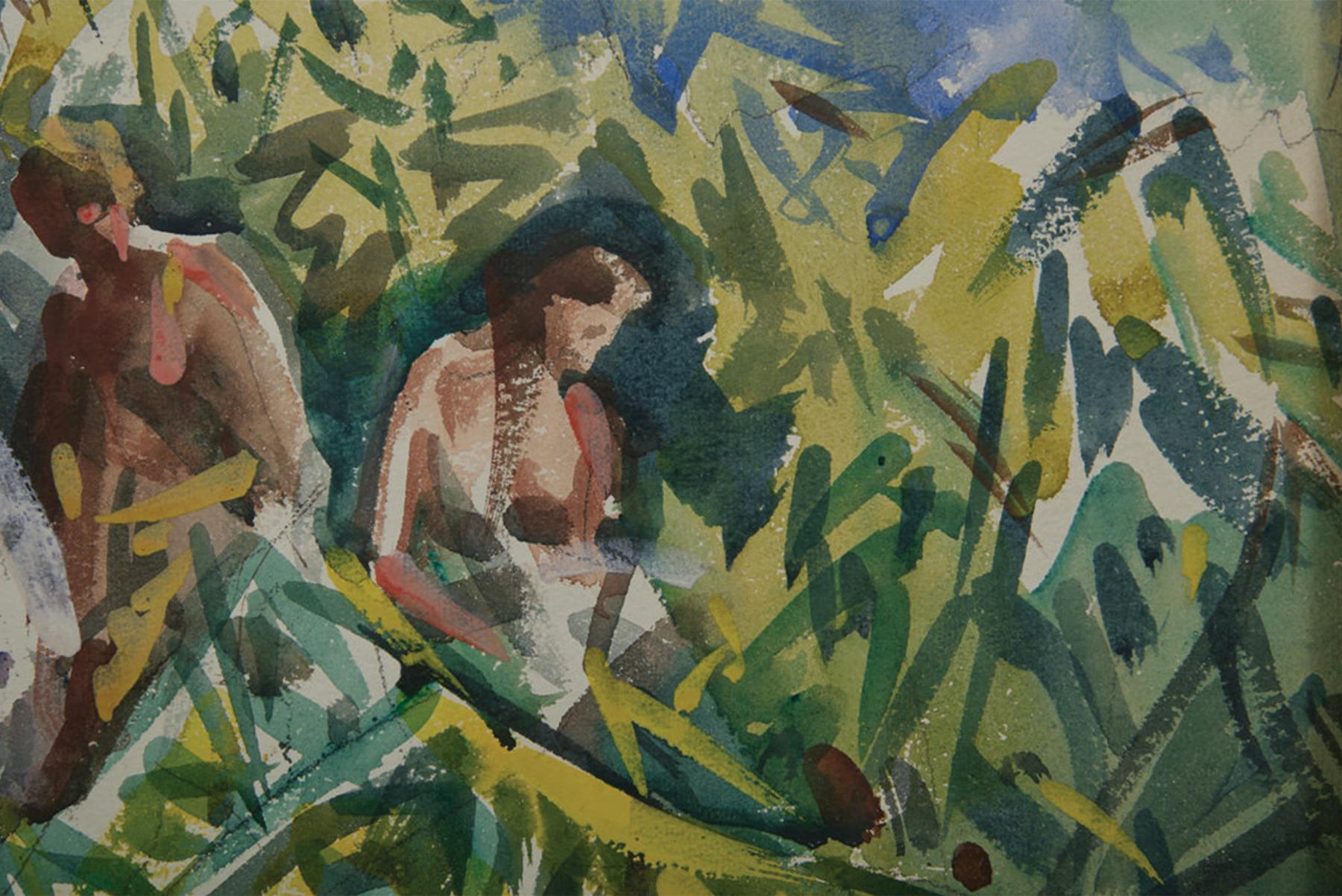 Eck des Frauenzimmers, am Fluss Cuyahoga, Anfang des 20. Jahrhunderts Landschaft (Braun), Figurative Art, von Frank Wilcox
