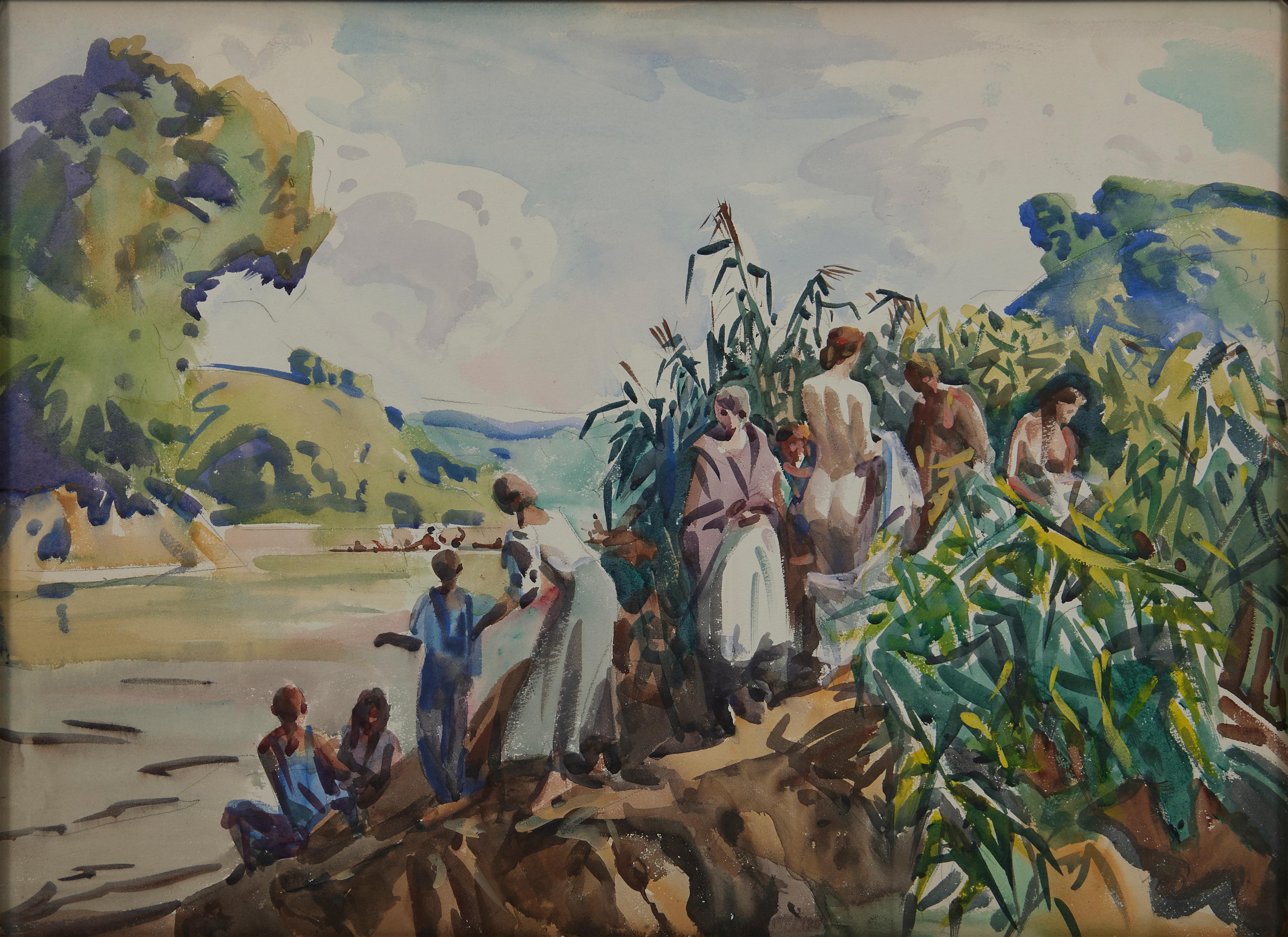 Figurative Art Frank Wilcox - À l
angle des femmes, le long de la rivière Cuyahoga, paysage du début du 20e siècle