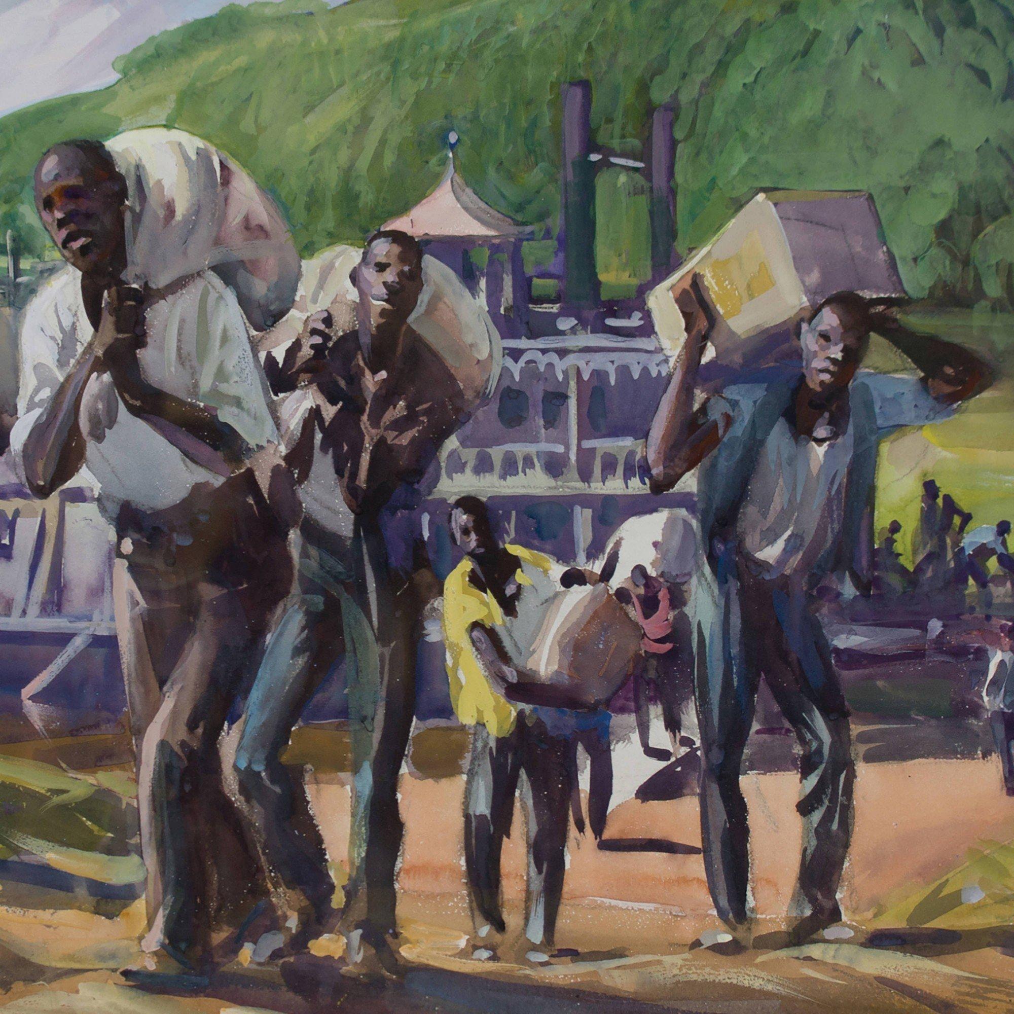 Frank Nelson Wilcox (Americano, 1887-1964)
Stivatori, fiume Ohio, 1920 circa
Acquerello su carta 
Firmato in basso a destra 
21.5 x 29. 5 pollici

