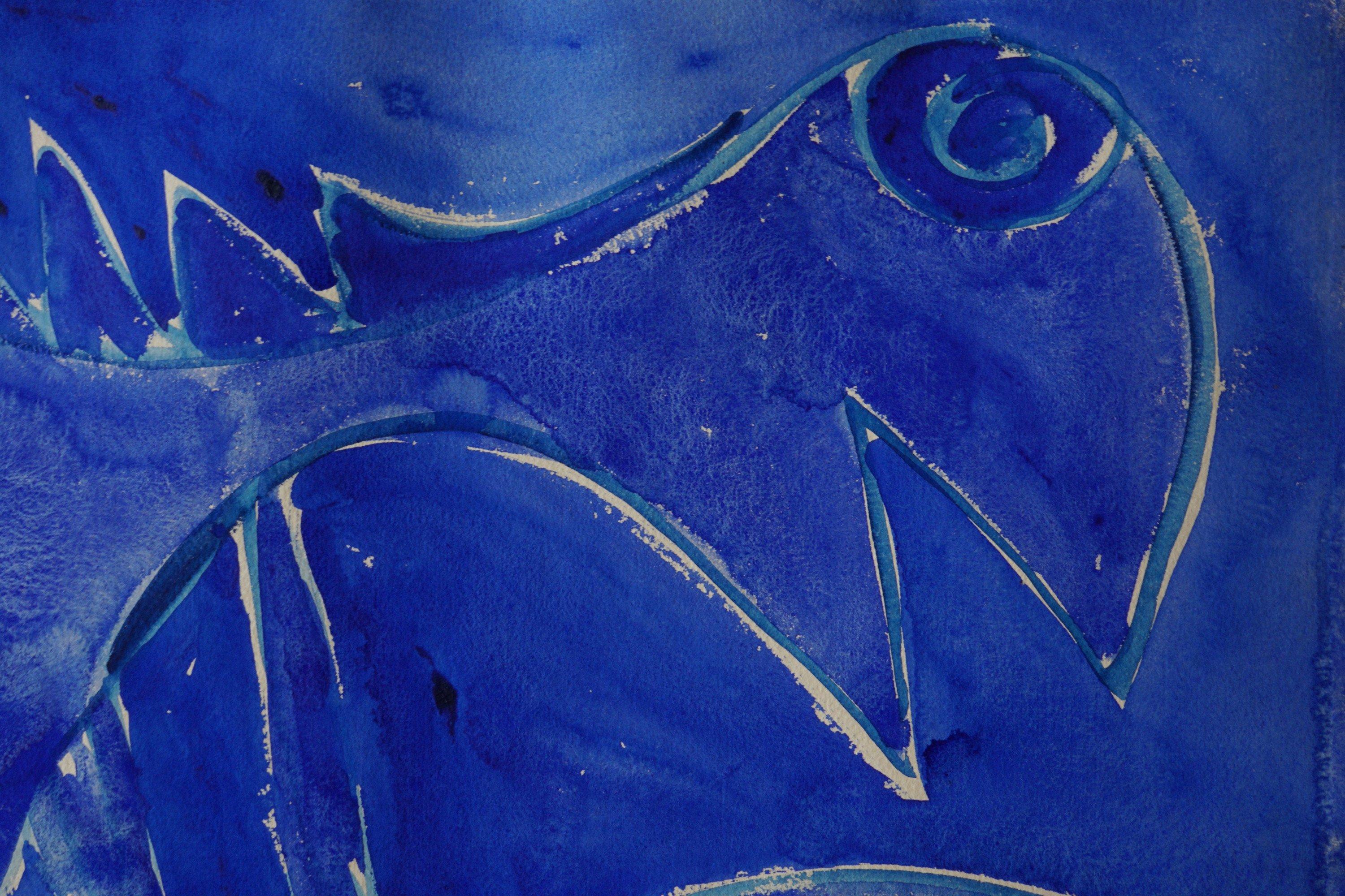 Die blaue Erde II, CoBrA-Bewegung, dänisches Aquarell aus der Mitte des 20. Jahrhunderts (Blau), Abstract Drawing, von Carl-Henning Pedersen