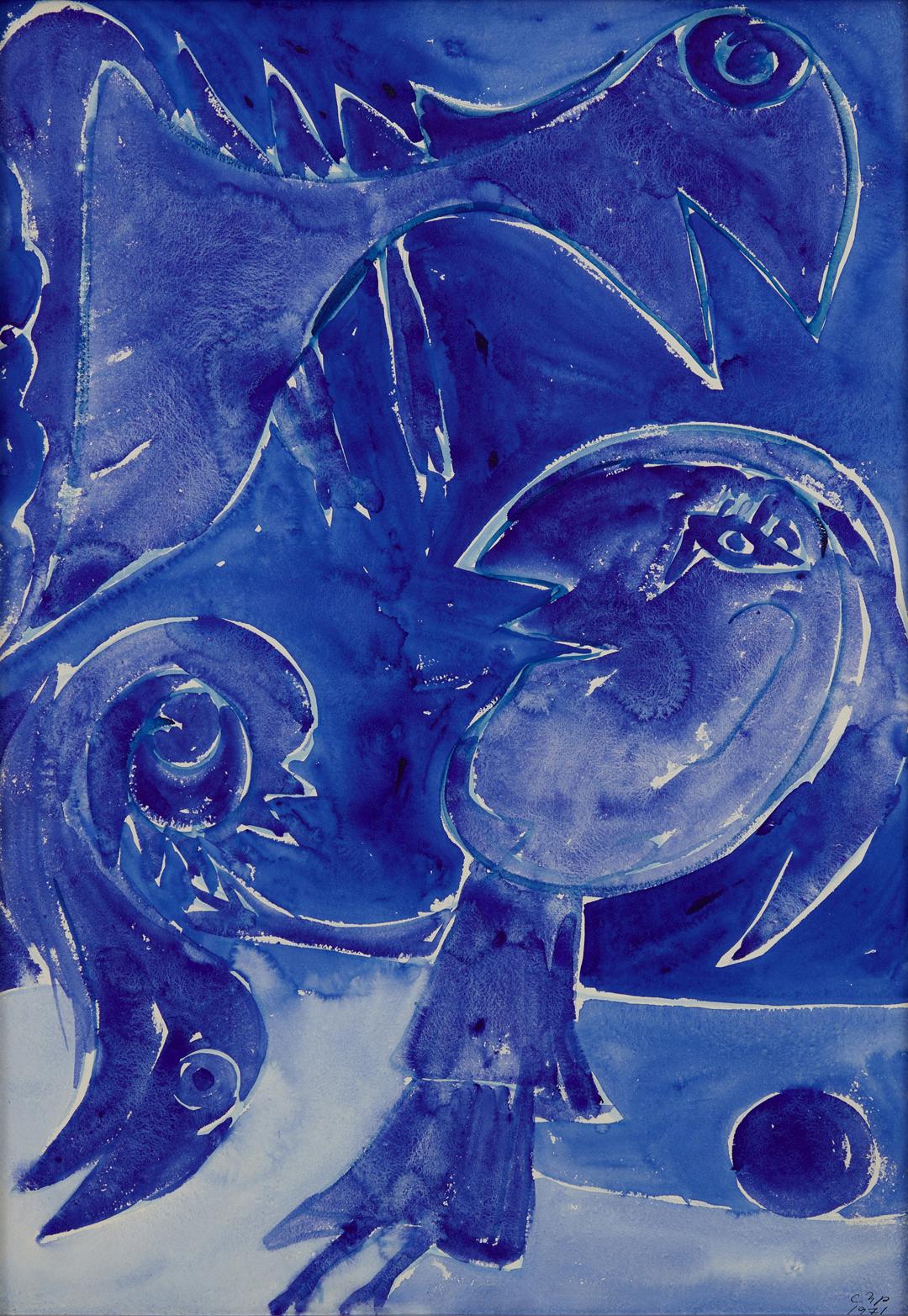 Carl-Henning Pedersen Abstract Drawing – Die blaue Erde II, CoBrA-Bewegung, dänisches Aquarell aus der Mitte des 20. Jahrhunderts