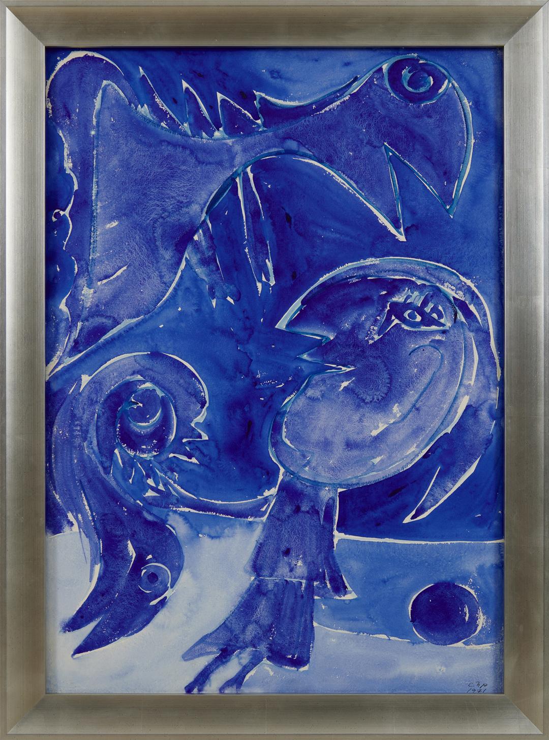 Die blaue Erde II, CoBrA-Bewegung, dänisches Aquarell aus der Mitte des 20. Jahrhunderts – Art von Carl-Henning Pedersen