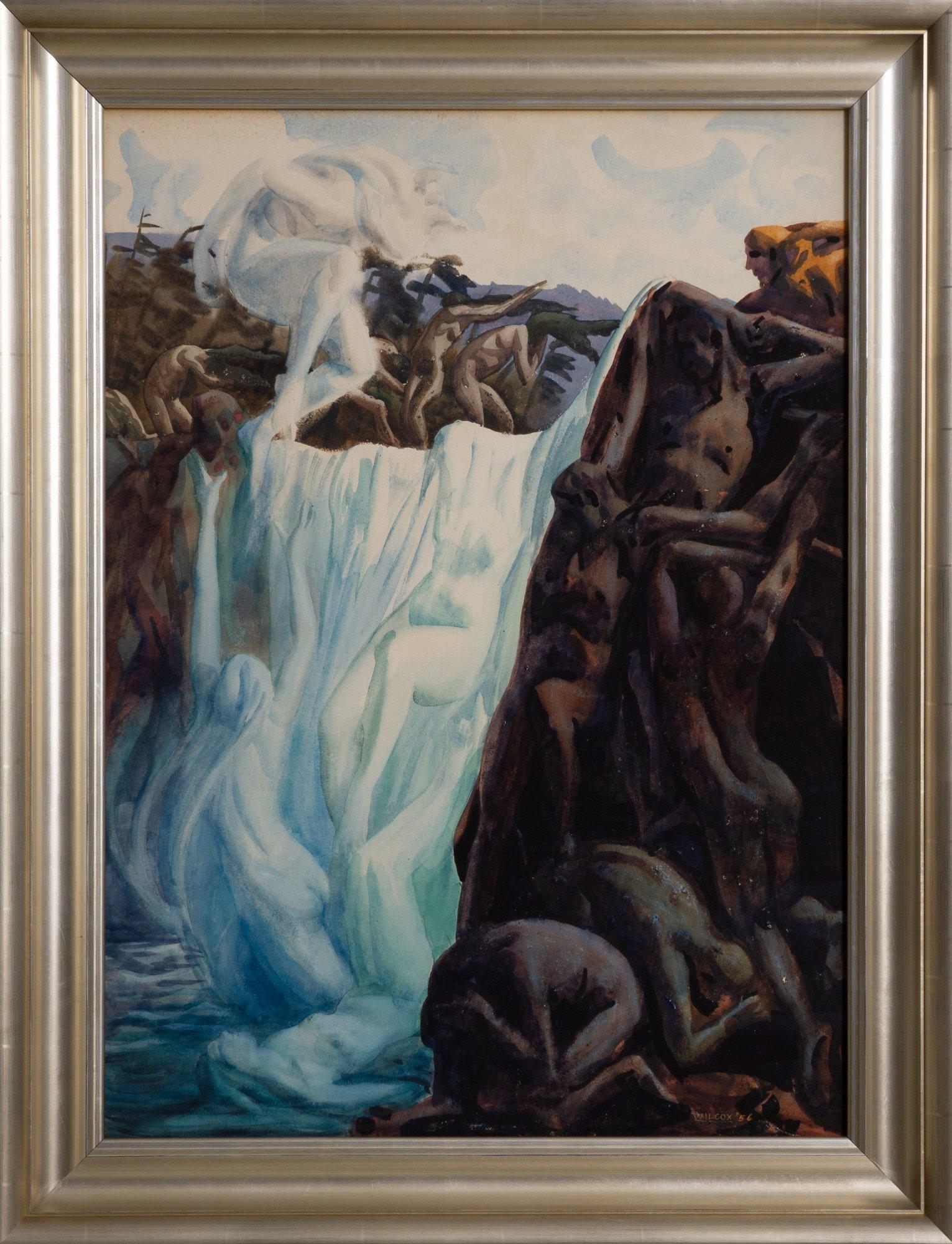 Wasserfall, Aquarelllandschaft aus der Mitte des Jahrhunderts, Künstler der Cleveland School – Art von Frank Wilcox