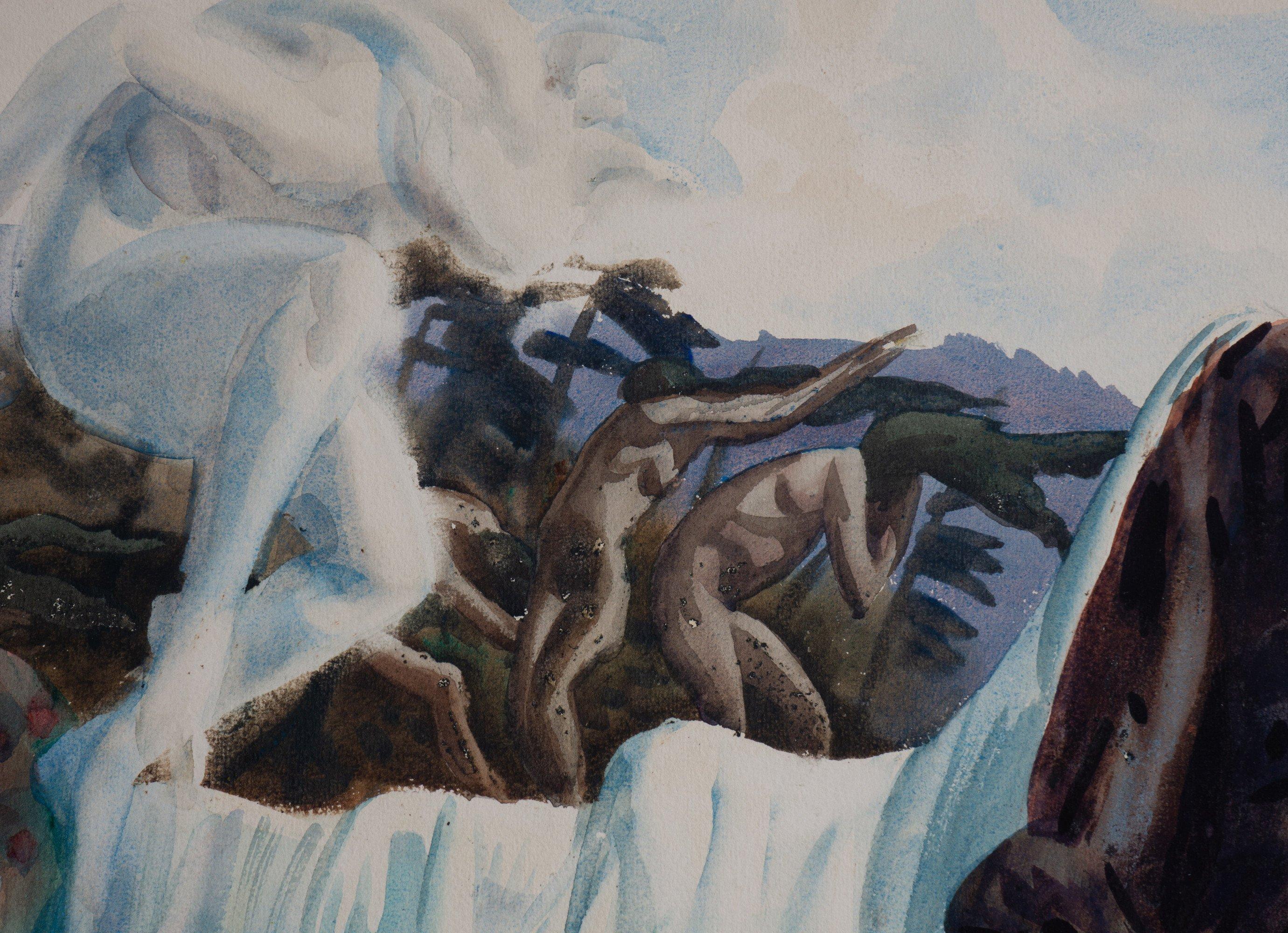 Wasserfall, Aquarelllandschaft aus der Mitte des Jahrhunderts, Künstler der Cleveland School (Schwarz), Landscape Art, von Frank Wilcox